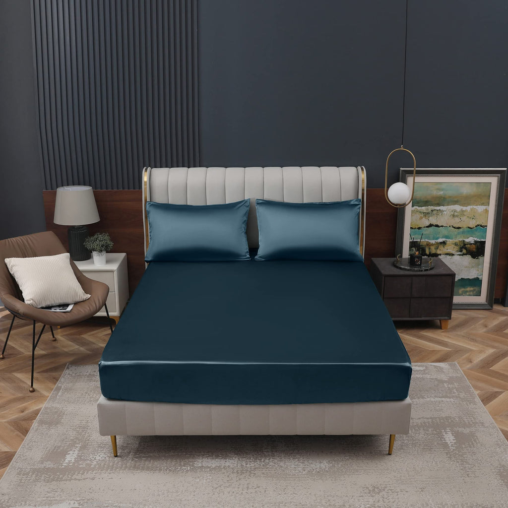 Homiest Deep Sea Blue Satin Fitted Sheet Twin Size Fitted Bed Sheet, Deep Pocket Fitted Sheet Only, Luxury & Ultra Soft Bedding Fitted Sheet Single Bottom Bed Sheets Sold Separately