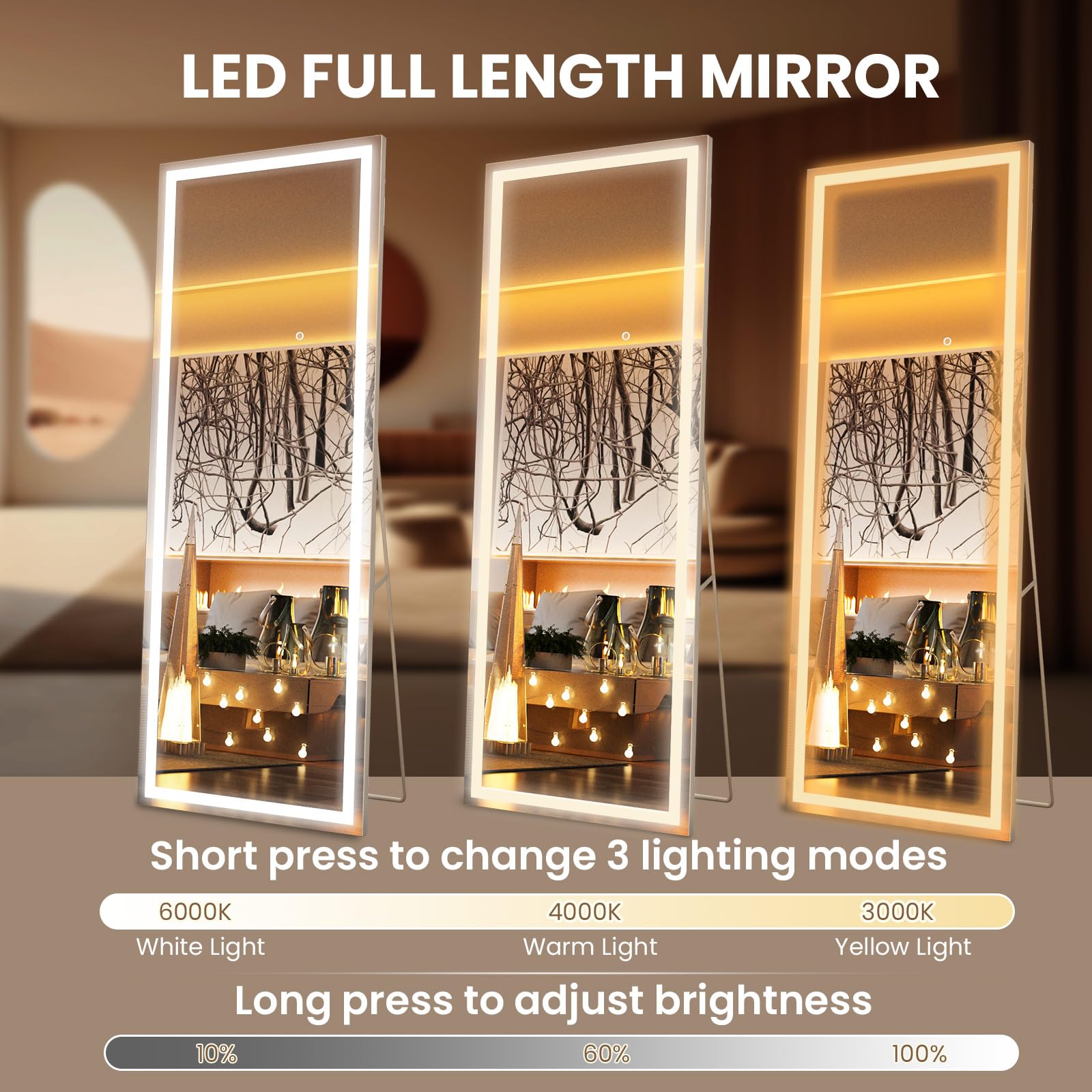 Pertetey 79X36 Inch Led Full Length Mirror With Lights, White Frame Lighted Floor Mirror, Dimmable & 3 Color Modes Led Full Body