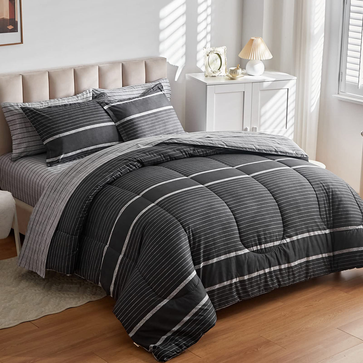 Flysheep Ombre Boho Striped Bed In A Bag 7 Pieces King Size, White Striped On Black Dark Gray Comforter Sheet Set (1 Comforter,