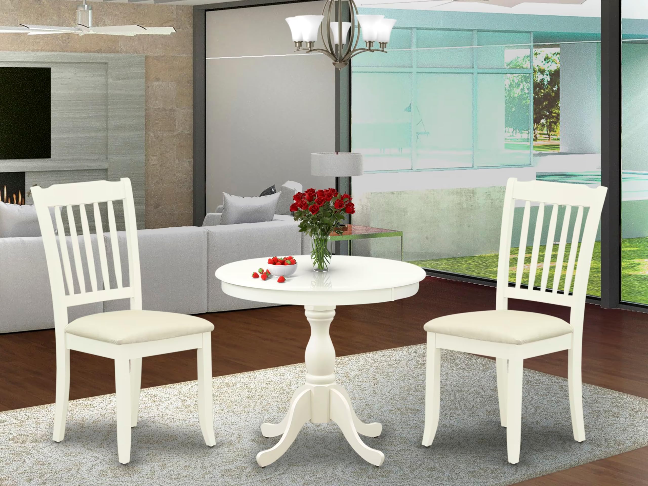 East West Furniture AMDA3-LWH-C 3 Piece Dining Table Set for Small Spaces Contains a Round Kitchen Table with Pedestal and 2 Linen Fabric Upholstered Chairs, 36x36 Inch, Linen White