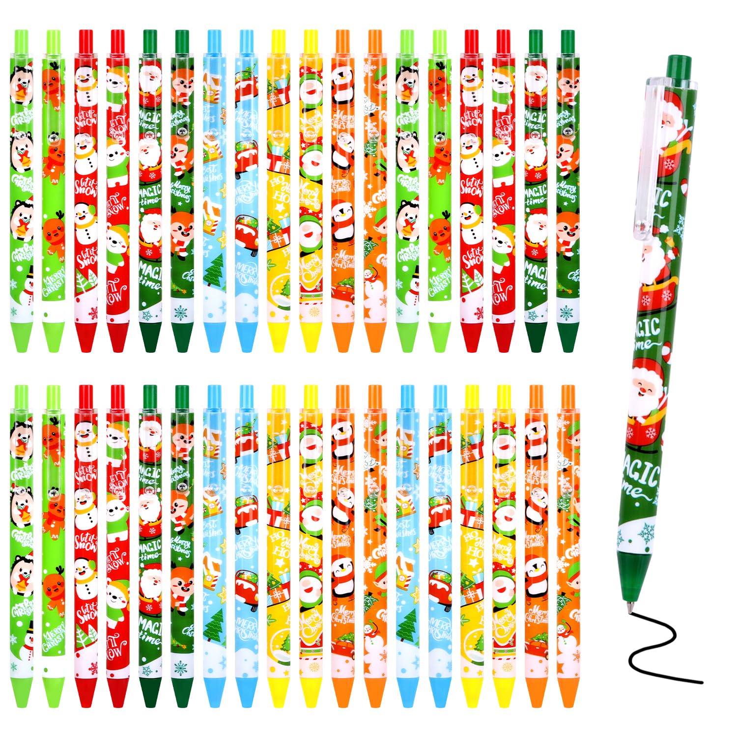 SULOLI 36 Pcs Christmas Pens, Retractable Pen Christmas Ballpoint Pens Black Ink Santa Snowman Tree Xmas Writing Pens for Christ