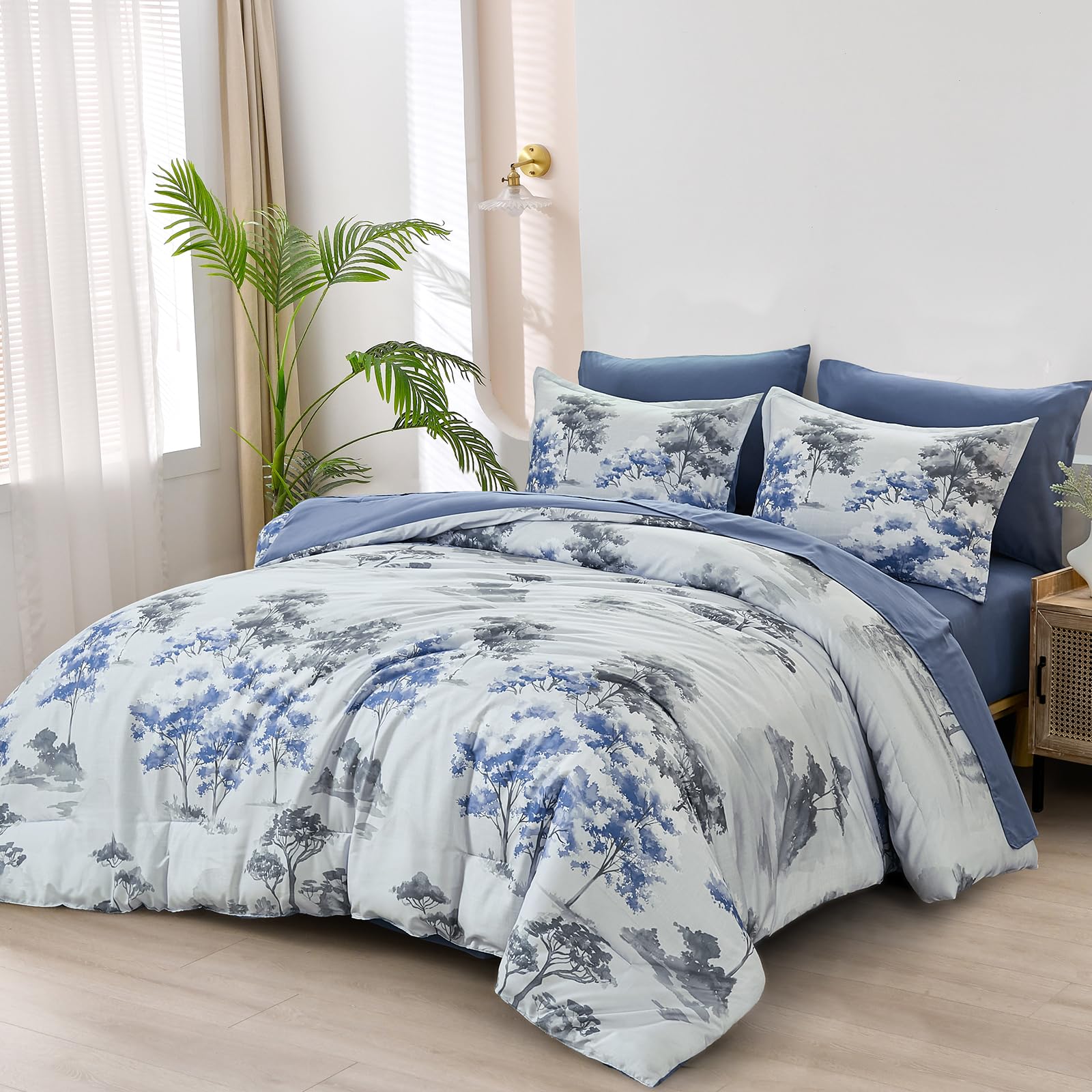 Dinjoy Queen Comforter Set, 7 Piece Comforter Set Queen, White Queen Size Bed Sets, Queen Sheet Set With Comforter, Flower Beddi