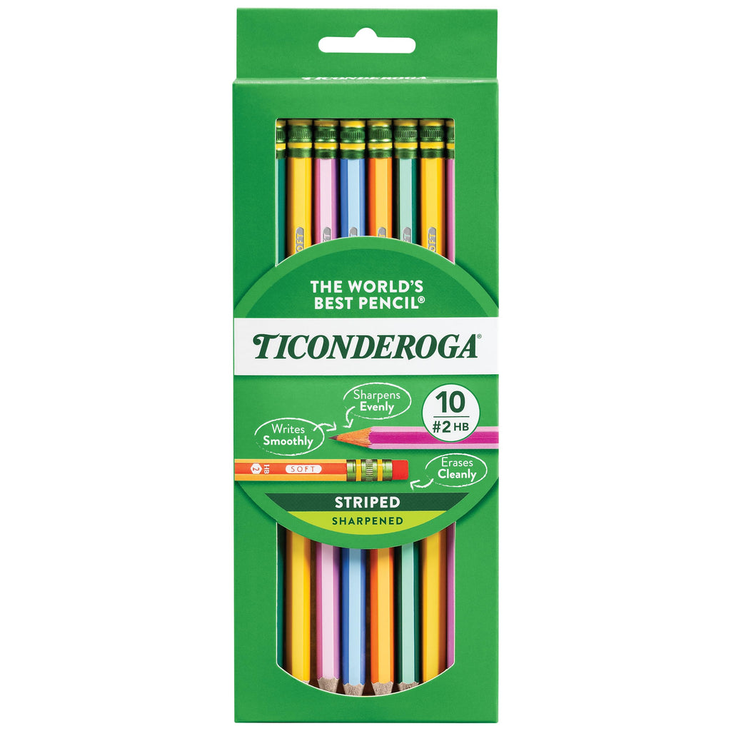 Ticonderoga X13910 Striped Wood-Cased Pencils, 2 Hb Soft, Pre-Sharpened, 10 Count, Assorted Colors