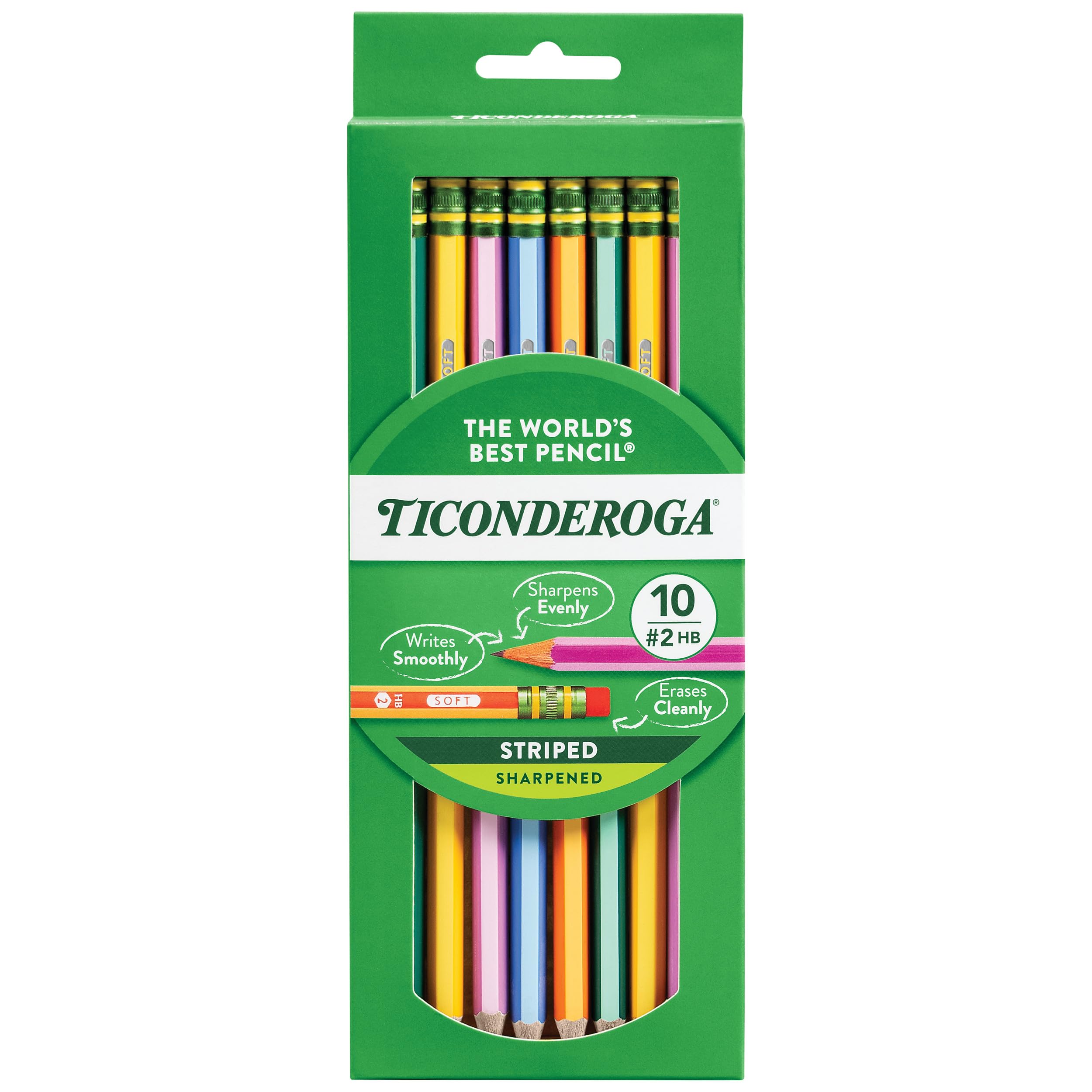 Ticonderoga X13910 Striped Wood-Cased Pencils, 2 Hb Soft, Pre-Sharpened, 10 Count, Assorted Colors