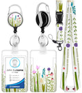 Toykee Id Badge Holder With Lanyard And Retractable Badge Reel Clip, Flower Bouquet Floral Pattern Card Name Tag Lanyard Vertica