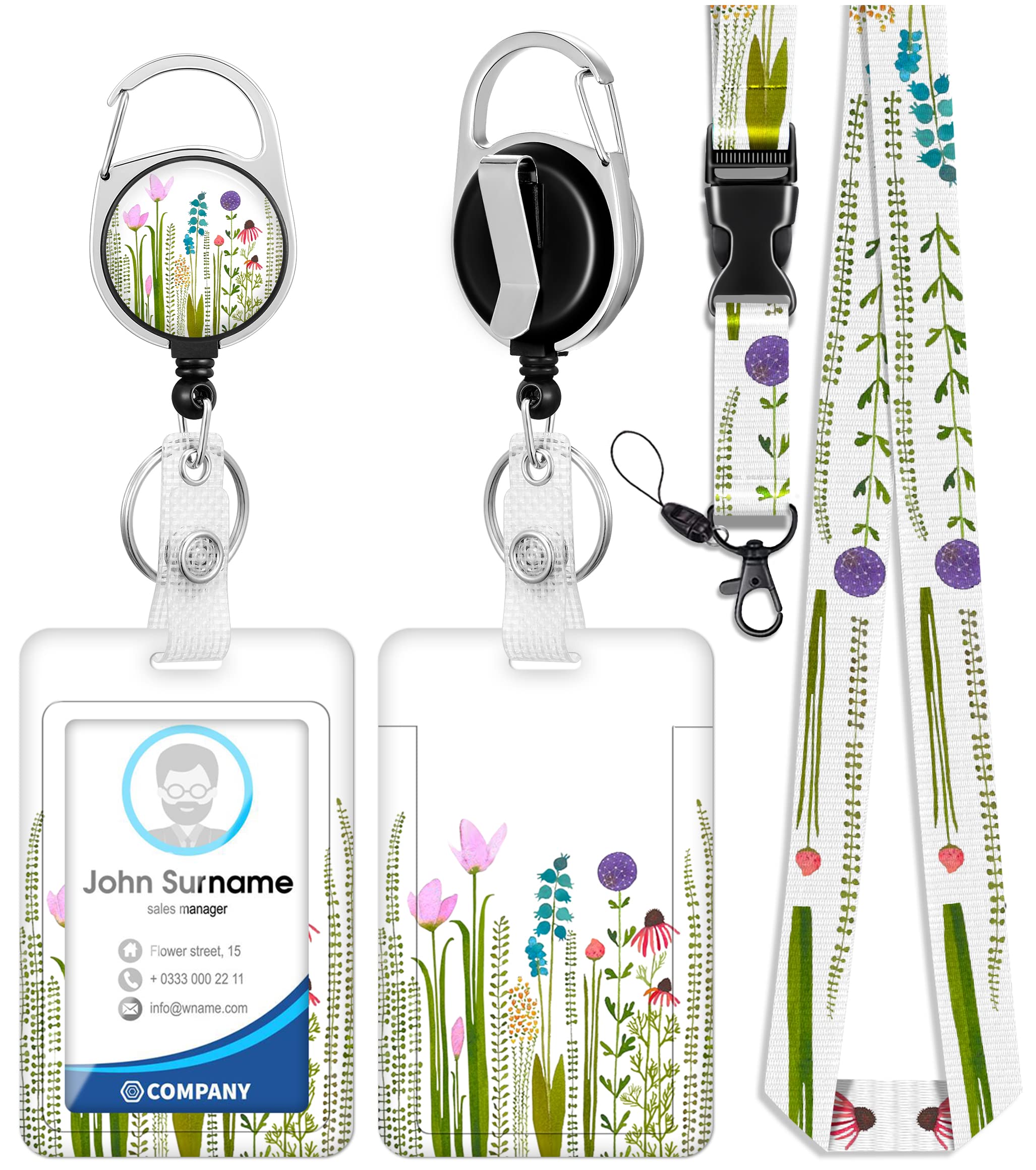 Toykee Id Badge Holder With Lanyard And Retractable Badge Reel Clip, Flower Bouquet Floral Pattern Card Name Tag Lanyard Vertica
