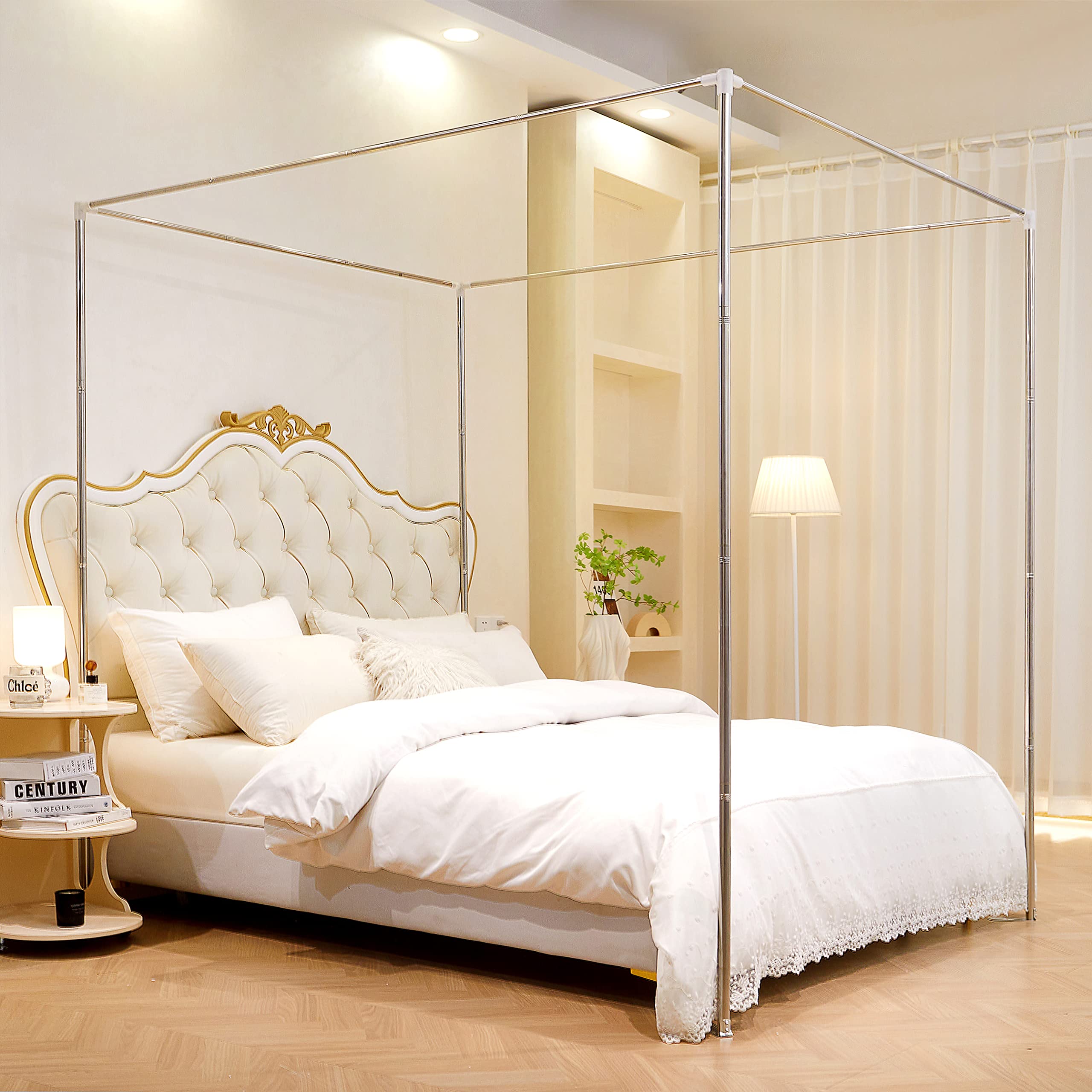 Canopy Bed Frame Full Size, Thicken Stainless Steel Bed Canopy Frame, Bed Post Poles 4 Corner Canopy For Metal Bed Mosquito Curt