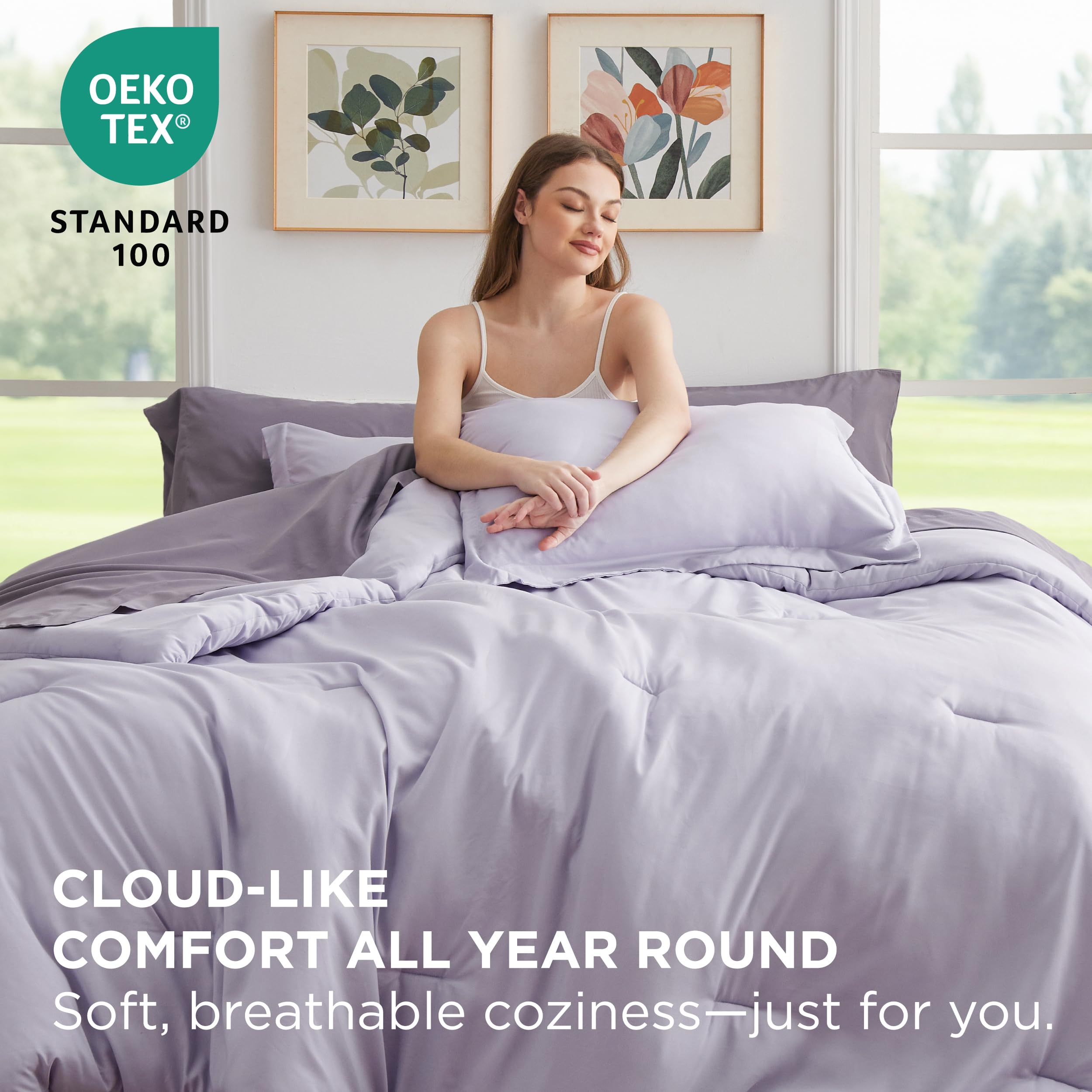 Bedsure King Size Comforter Set - 7 Pieces Lavender King Bedding Set For All Seasons, Boho Contrasting Design Bed In A Bag With Comforter, Sheets, Pillowcases & Shams