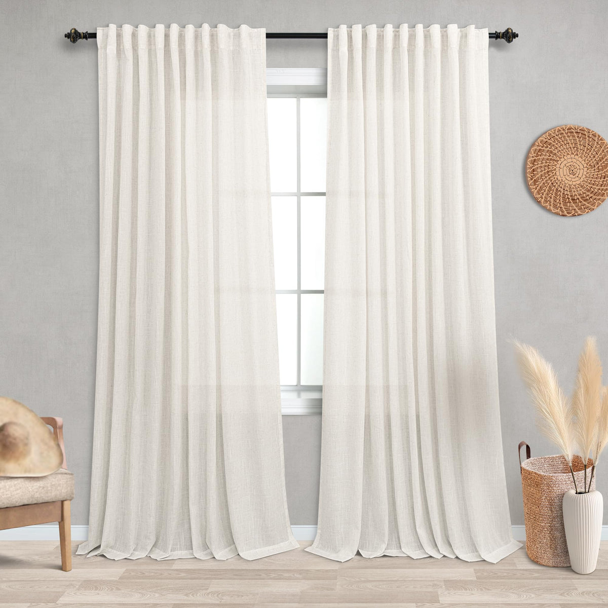 Koufall Living Room Curtains 84 Inches Long,Extra 72 Inch Wide 72X84 Linen Sheer Pleat Curtain Drapes 84 Inch Length 2 Panels Se