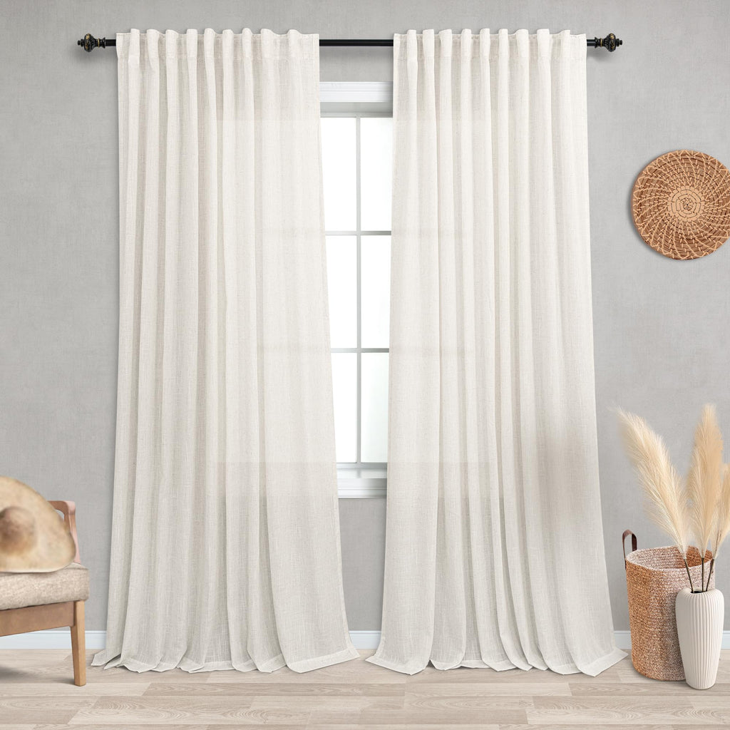 Koufall Back Tab Rod Pocket Linen Sheer Curtains For Living Room-Natural-72X108