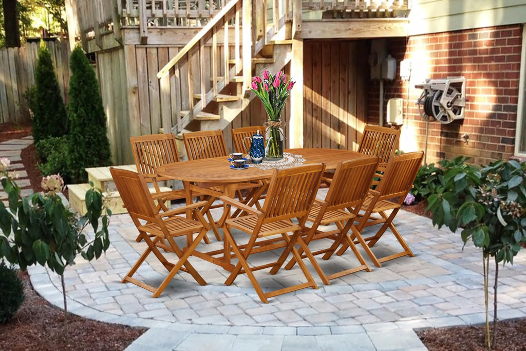 East West Furniture Bscm9Cana Beasley 9 Piece Outdoor Patio Dining Sets Includes An Oval Acacia Wood Table And 8 Folding Arm Chairs, 36X78 Inch