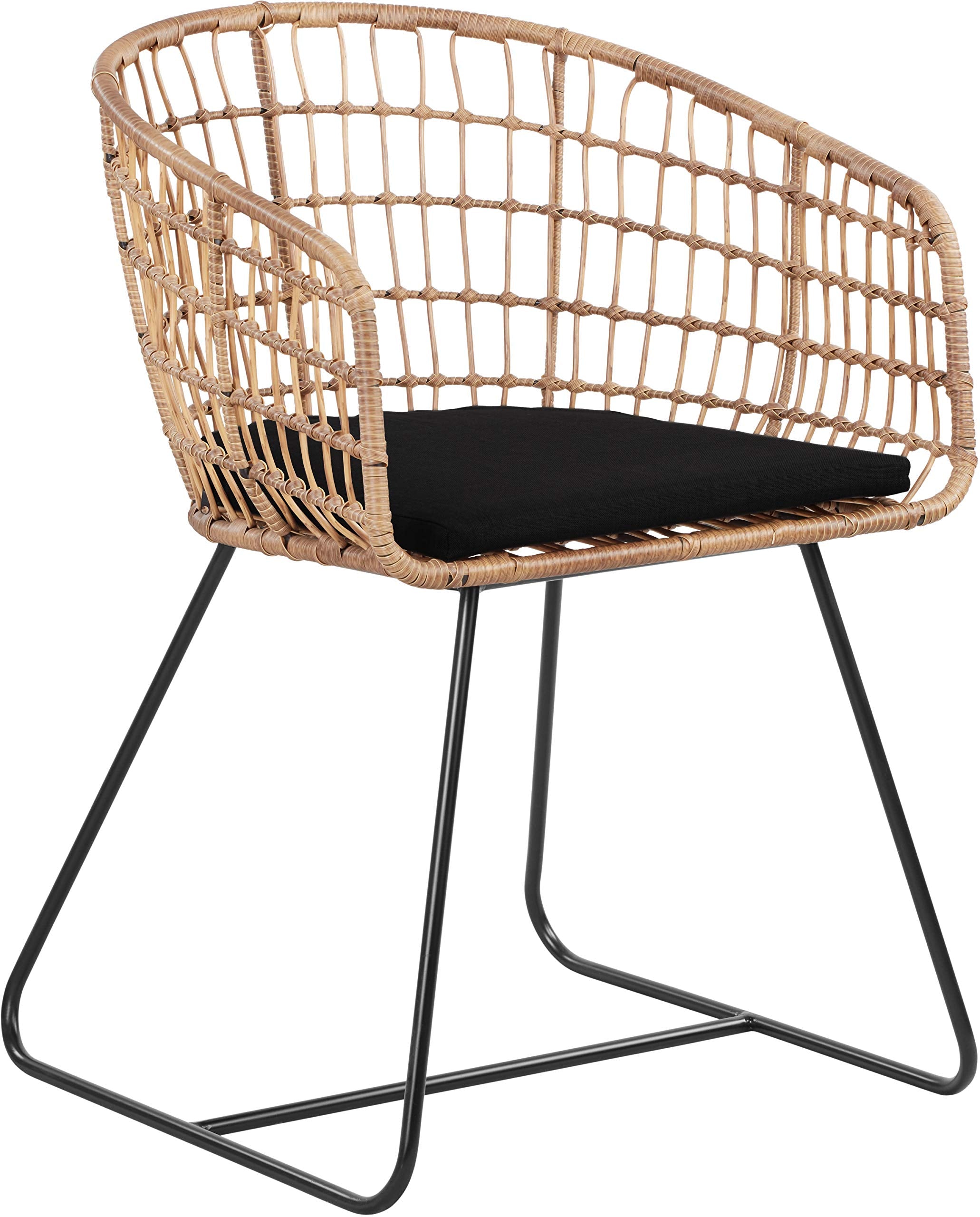 Tommy Hilfiger Graham Rattan Dining Chair, Woven Wicker Armchair with Seat Cushion, Black Durable Metal Legs, Boho Modern Accent