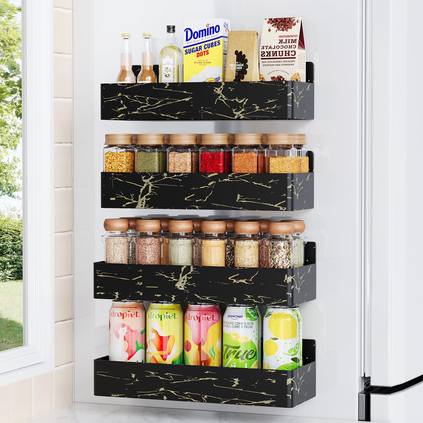 Mystozer Magnetic Spice Rack for Refrigerator, Kitchen Organizer and Storage Shelf, Black Gold(4 Pack)