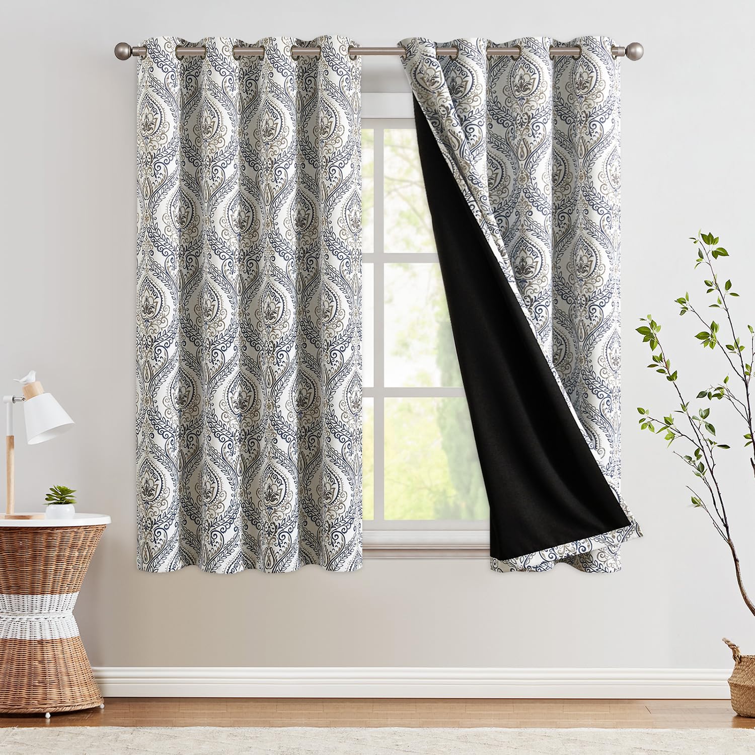 Jinchan 100% Blackout Curtains 63 Inch Length 2 Panels Blue Damask Medallion Window Curtains For Bedroom Grommet Thermal Insulated Drapes For Living Room Vintage Luxury Window Treatments Set