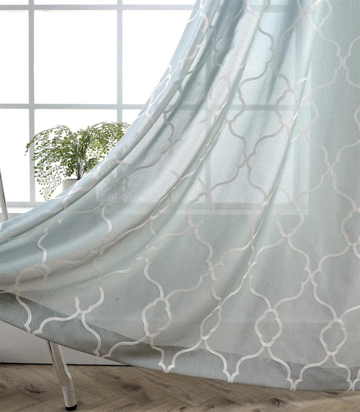 Miuco Moroccan Embroidered Semi-Sheer Curtains Faux Linen Grommet Window Panel Pair For Nursery 52 X 63 Inch, Sea Foam