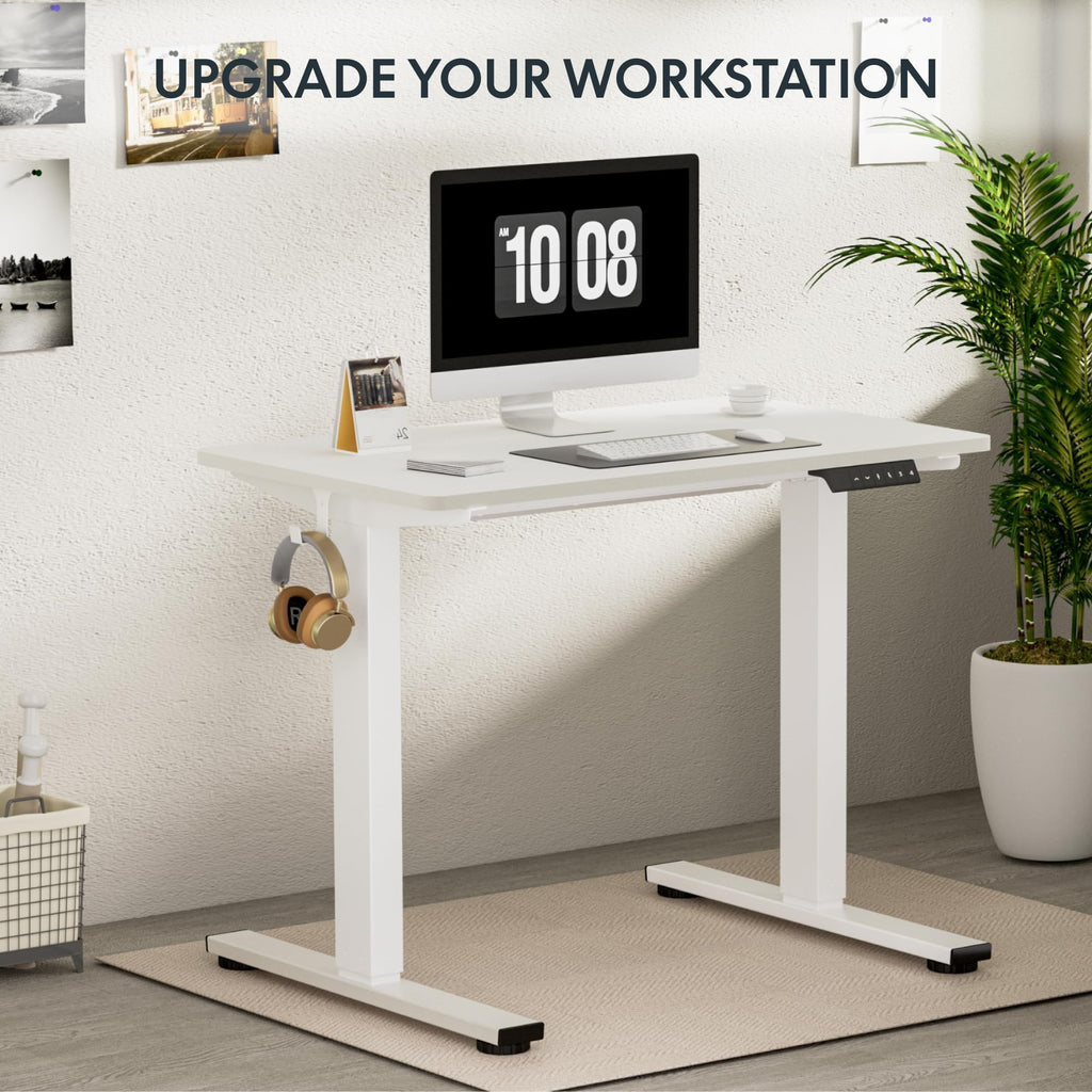 Flexispot En1 Electric Small Standing Desk 40 Inches Adjustable Height Desk For Bedroom Whole-Piece Desk Ergonomic Memory Controller White Table (White Frame + 40' White Top)