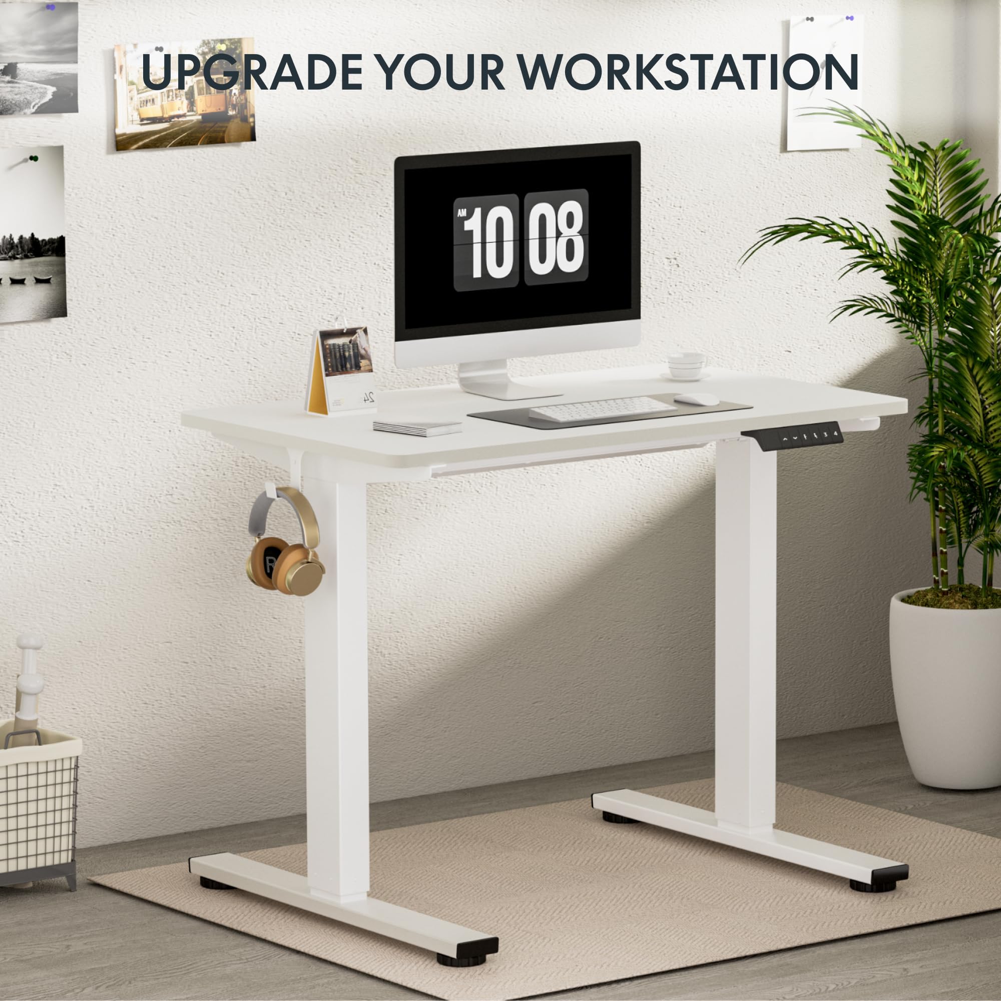 Flexispot En1 Electric Small Standing Desk 40 Inches Adjustable Height Desk For Bedroom Whole-Piece Desk Ergonomic Memory Controller White Table (White Frame + 40' White Top)