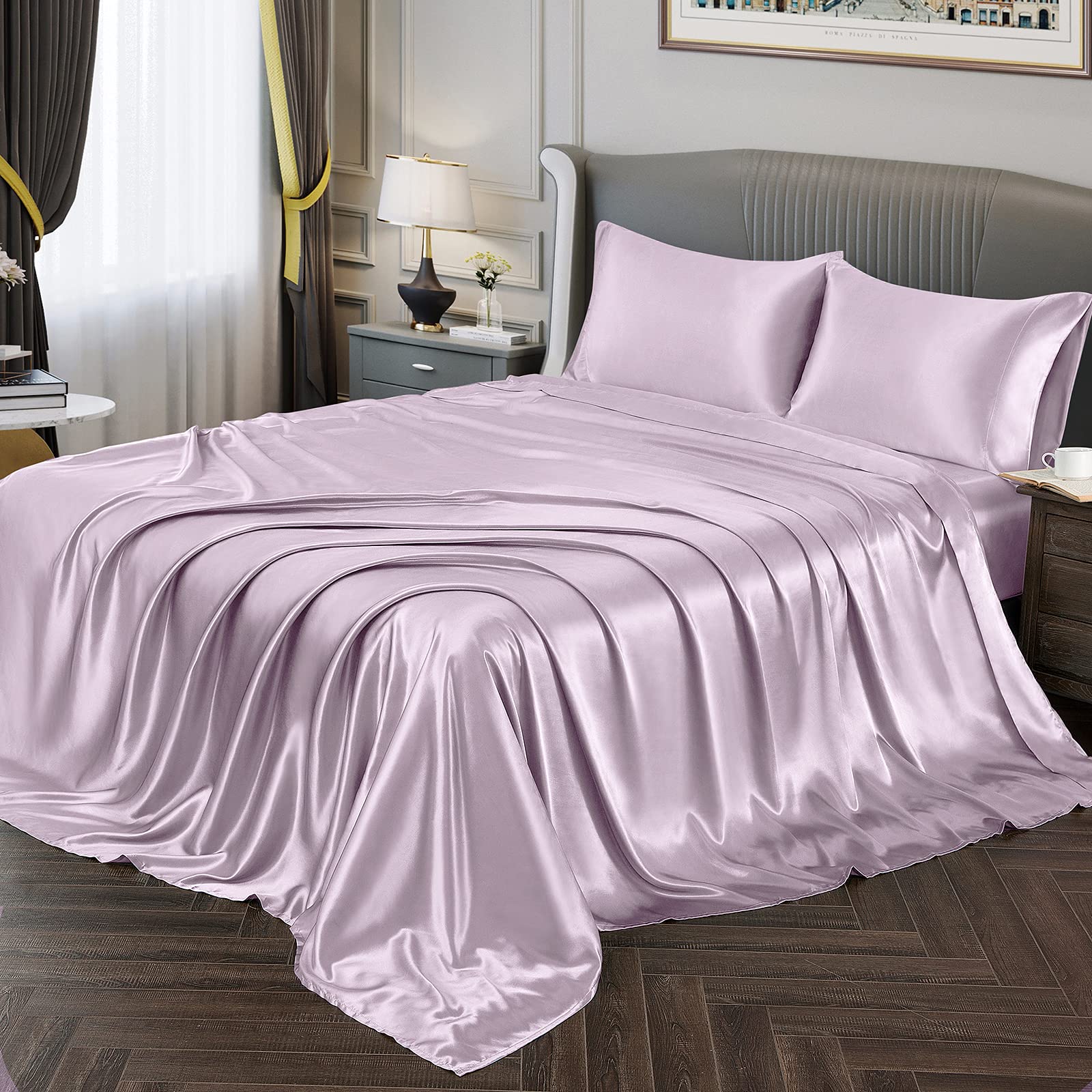 Vonty Satin Sheets King Size Silky Soft Satin Bed Sheets Luxury Lavender Satin Sheet Set, 1 Deep Pocket Fitted Sheet + 1 Flat Sh