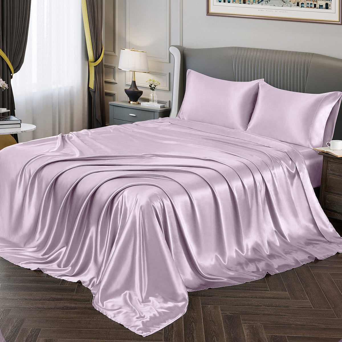 Vonty Satin Sheets Queen Size Silky Soft Satin Bed Sheets Luxury Lavender Satin Sheet Set, 1 Deep Pocket Fitted Sheet + 1 Flat S