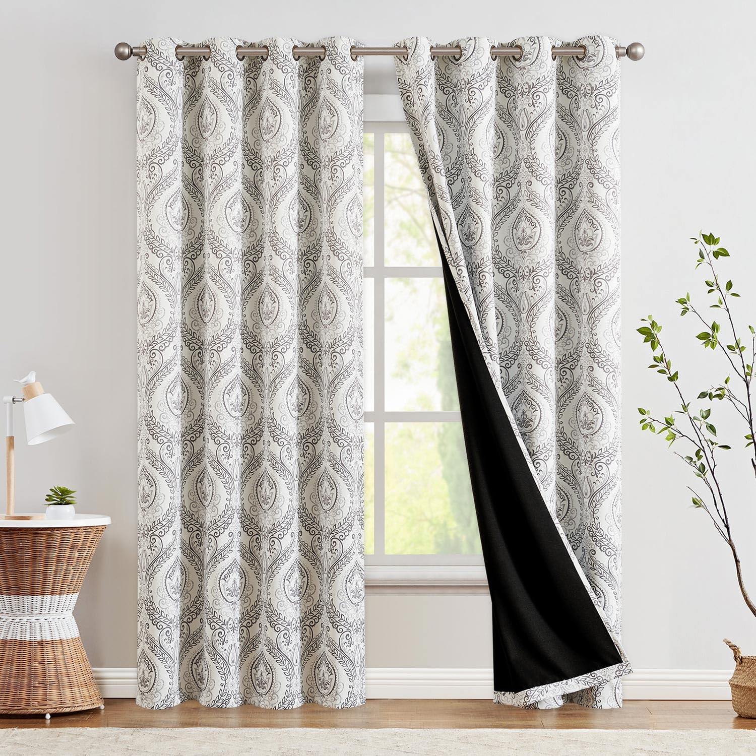 Jinchan 100% Blackout Curtains 90 Inch Length 2 Panels Grey Damask Medallion Window Curtains For Bedroom Grommet Thermal Insulated Drapes For Living Room Vintage Luxury Window Treatments Set