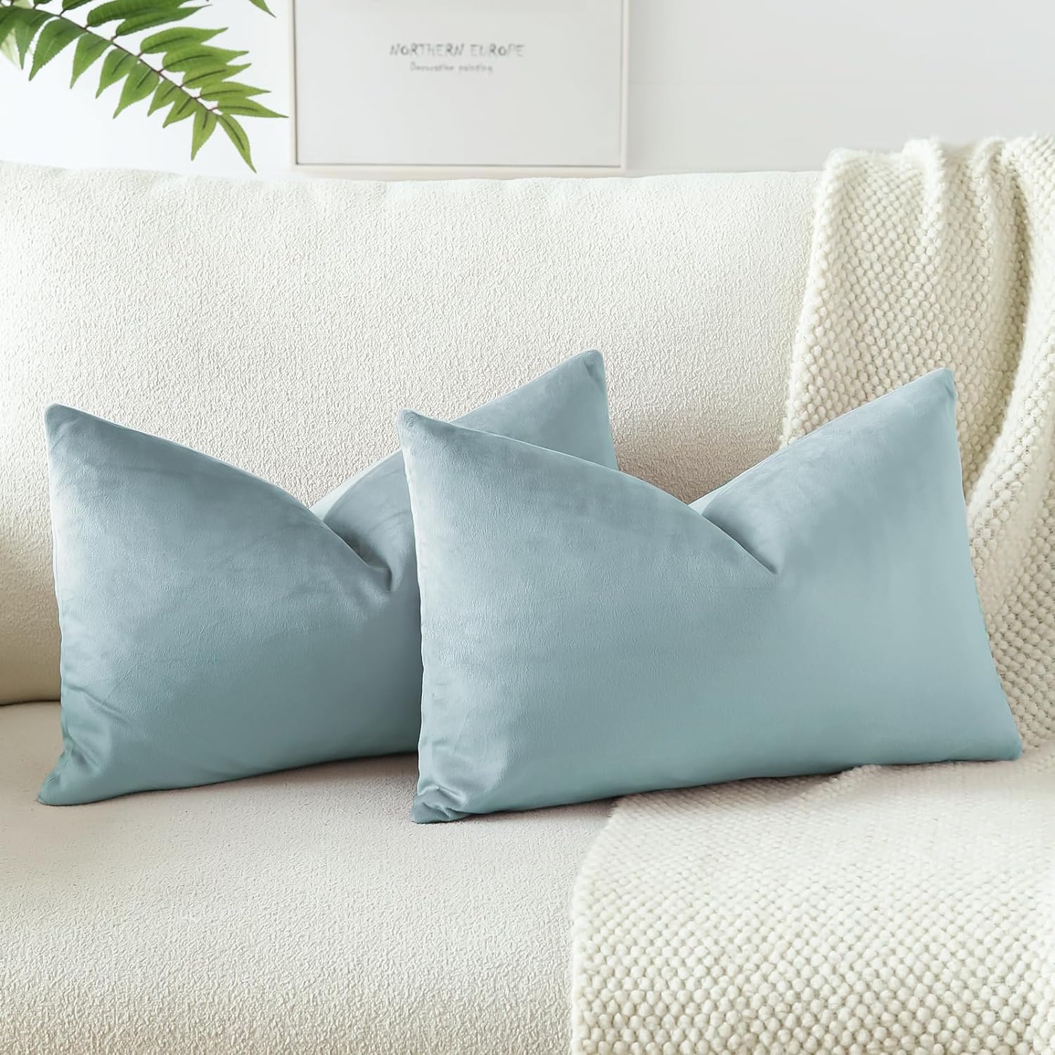 Otostar Pack Of 2 Velvet Soft Solid Decorative Throw Pillow Covers 16 X 24 Inch Pillow Covers Lumbar Cushion Case Couch Pillowcases For Sofa Bed Home Decor (Light Blue)