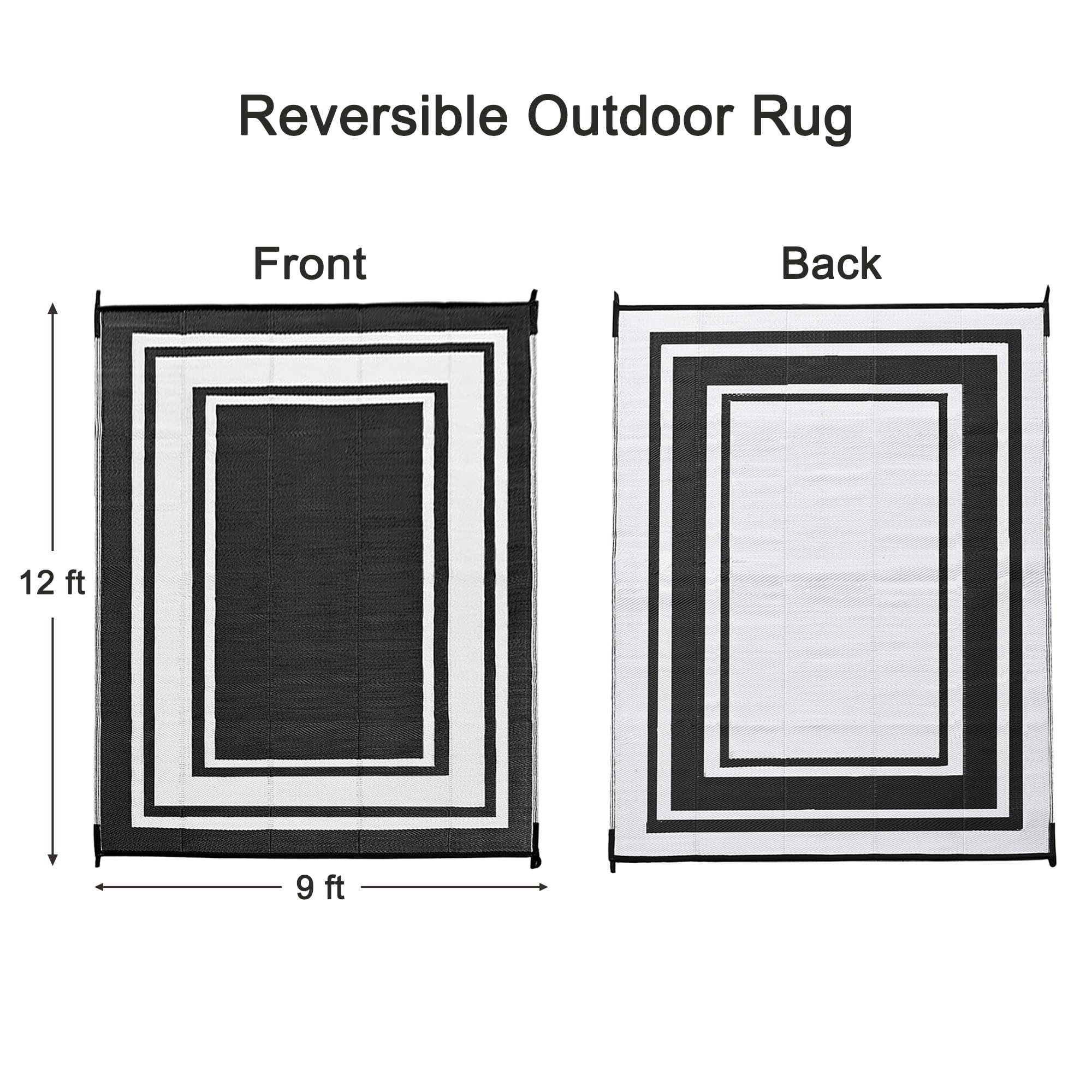 Rurality Outdoor Rug 9X12 Waterproof For Patio Clearance,Large Plastic Straw Mat For Camping,Porch,Rv,Reversible,Black And White