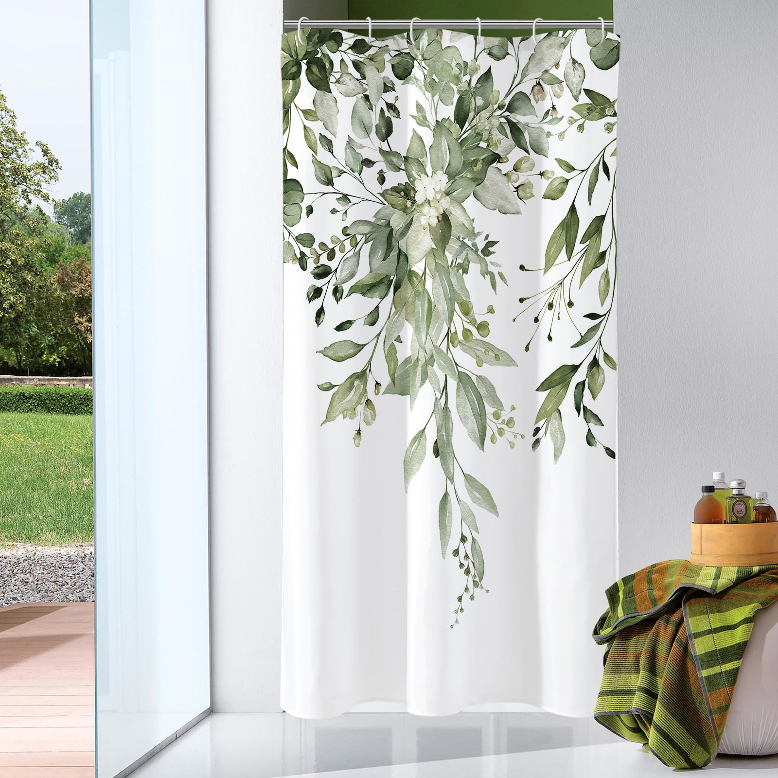 Gibelle Small Stall Shower Curtain 36 x 72, Narrow Half Olive Green Floral Shower Curtain for Bathroom, Watercolor Plant Eucalyp