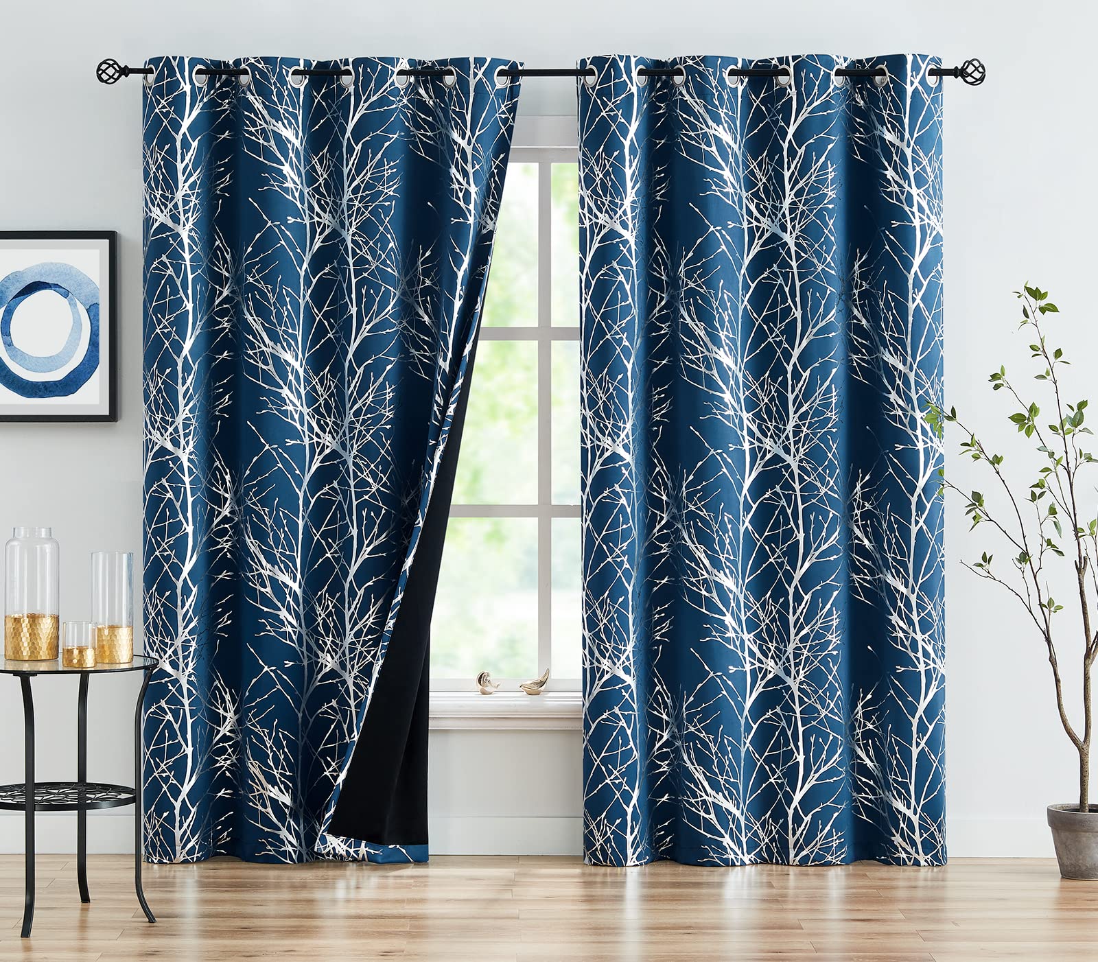 Fmfunctex Metallic Tree Blackout Curtains Bedroom 84-Inch Long Blue Living-Room Branch Print Curtain Panels Triple Weave Thermal