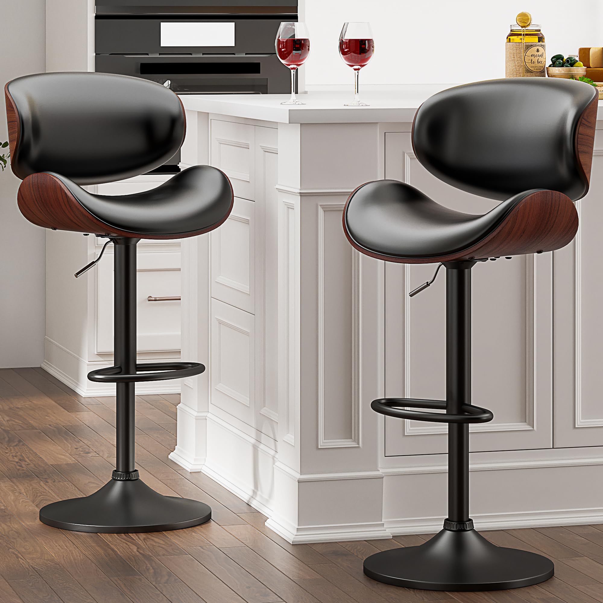 Yafiti Bar Stools Modern Pu Leather Adjustable Swivel Barstools, Kitchen Counter Bar Stool, Island Barstool With Back Set Of 2(B