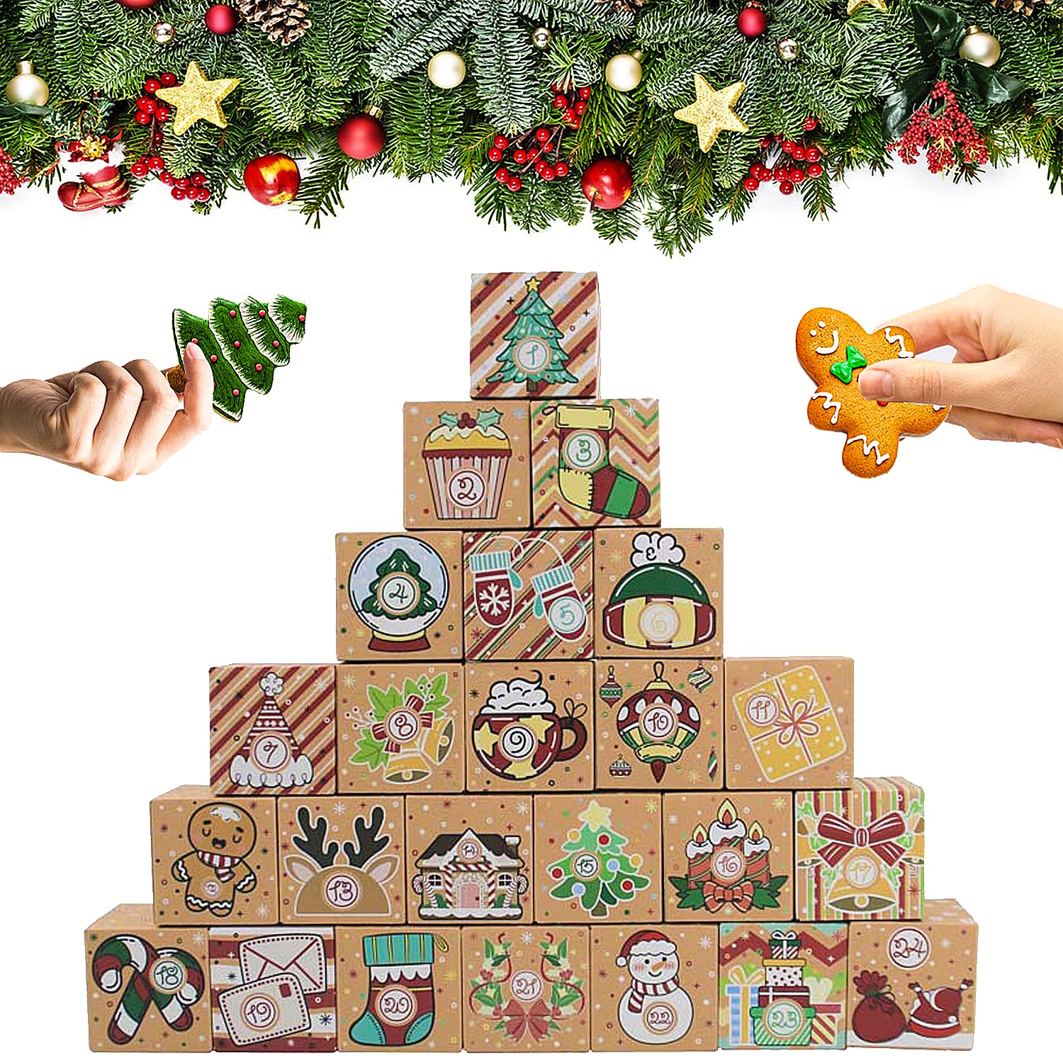 Elephant-package 24 Pcs DIY Kraft Paper Christmas Advent Calendar Boxes, 24 Days Advent Countdown Gift Boxes, Christmas Cardboar