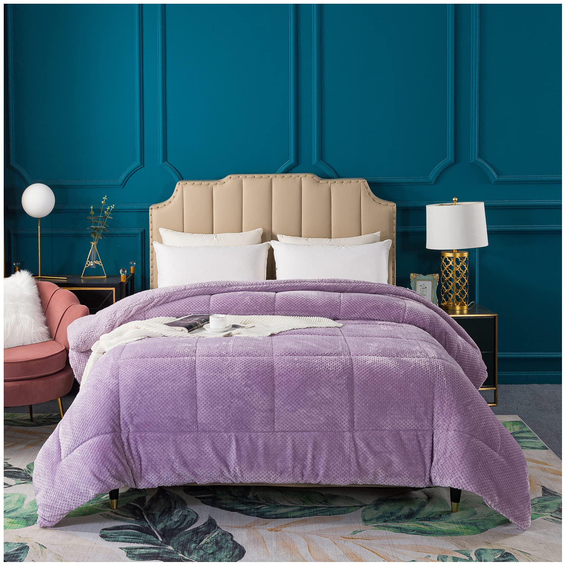 Kasentex Super Ultra Soft Luxury Plush Sherpa Comforter, Cozy Reversible Faux Fur Machine Washable Bedding, Purple, Queen Size
