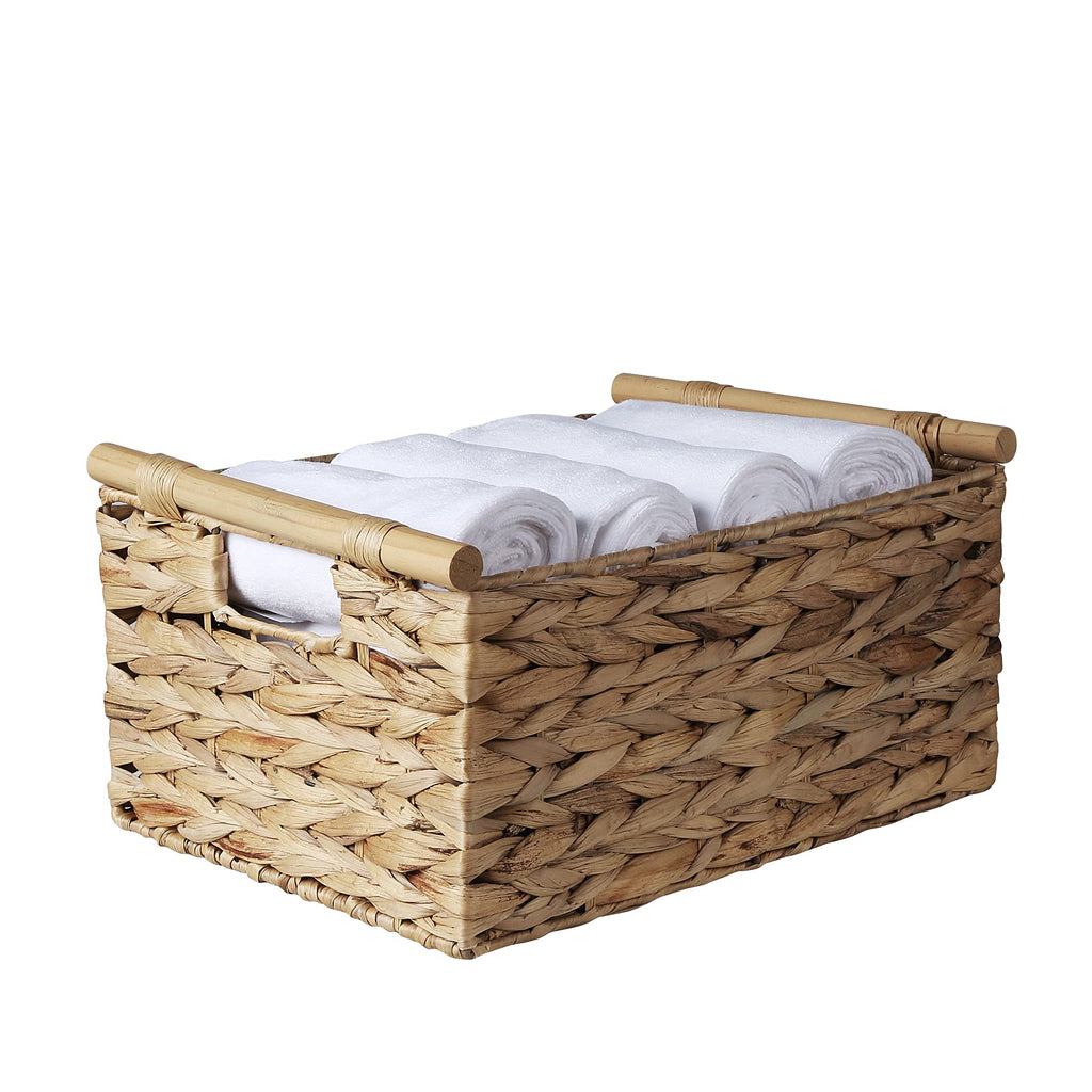 BSTNASI Large Rectangular Wicker Basket With Built-in Wooden Handles, Water Hyacinth Woven Basket for Organizing, Utility Shelve