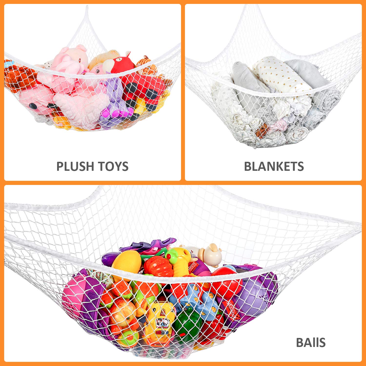 Kohuijoo Jumbo Toy Hammock Stuffed Animals And Toy Storage Hammock Net 70' Wall Sling Corner Extra Large Kids Children Mesh Toy Net Organizer White