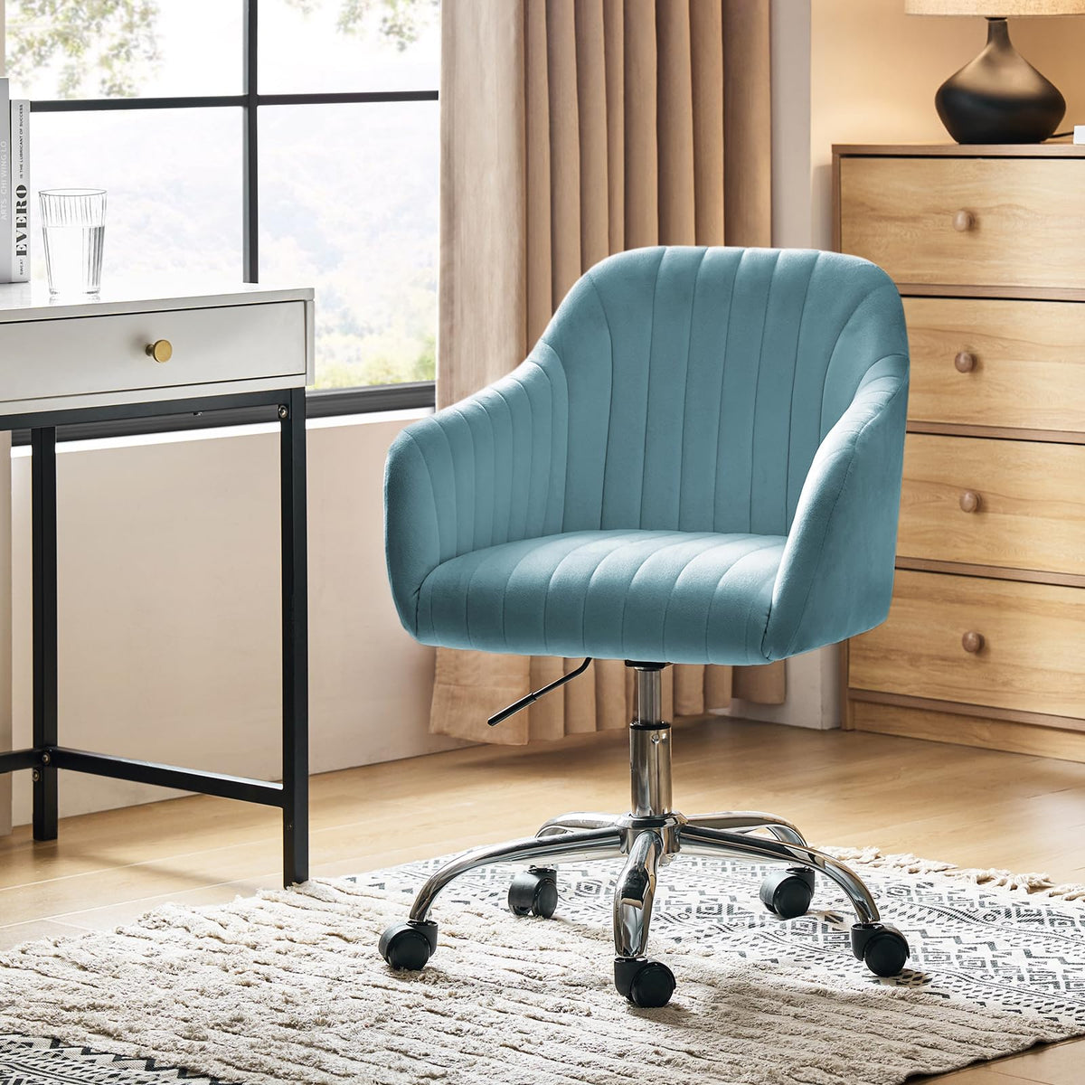 Hulala Home Velvet Blue Office Desk Chair, Swivel Computer Chair With Chrome-Plated Metal Base, Height Adjustable Cozy Task Chair For Study, Modern Cute Vanity Chair For Women, Girls