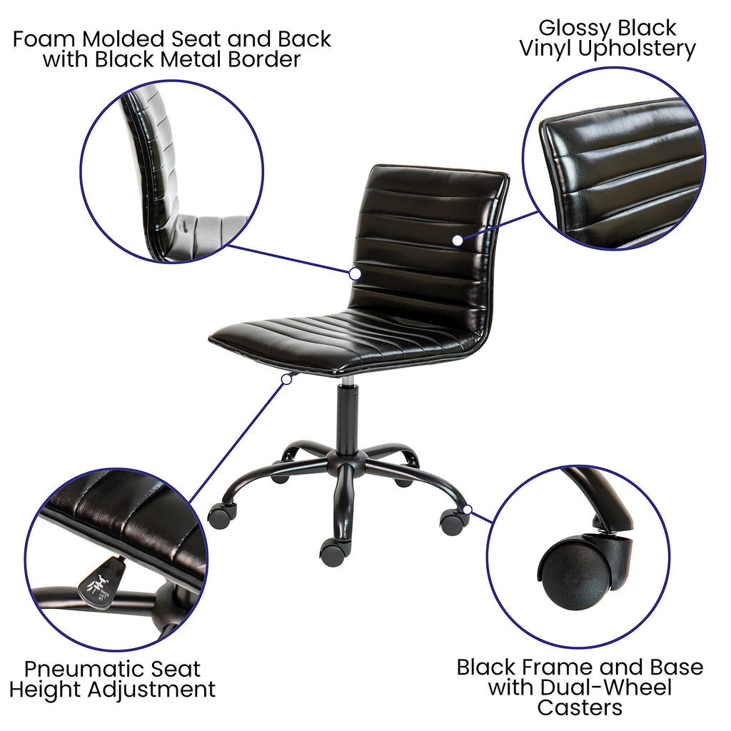 Flash Furniture Alan Office Task Chair - Black Vinyl - Black Frame - Armless - Ribbed Back and Seat - Low Back Design