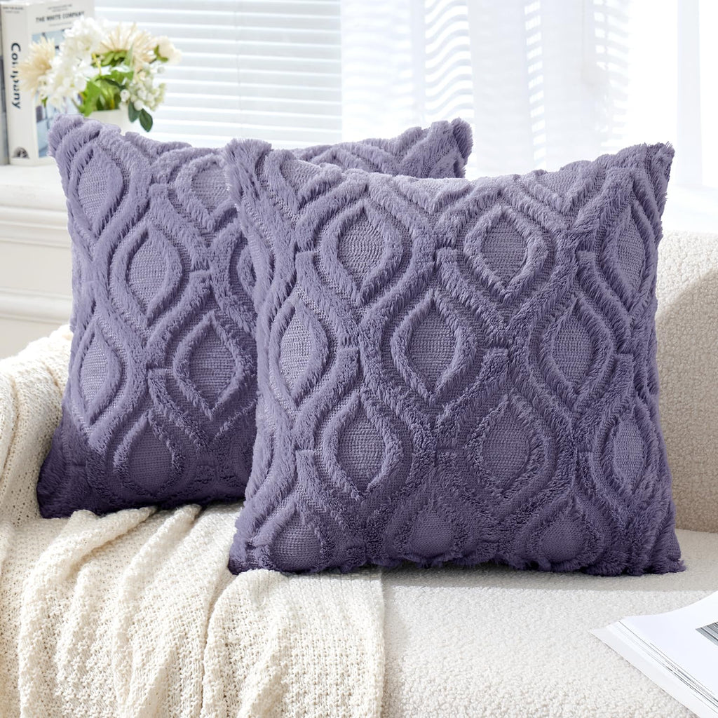 Miulee Blue Purple Throw Pillow Covers 18X18 Inch, Soft Winter Plush Faux Wool Couch Pillow Covers Set Of 2 Decorative Farmhouse Boho Throw Pillows For Sofa Living Room Bed
