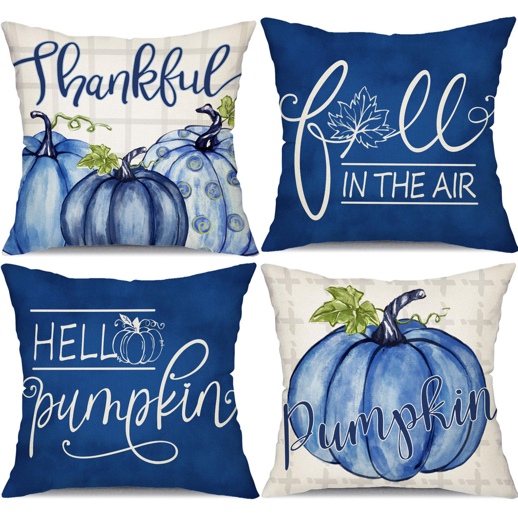 DFXSZ Fall Pillow Covers 20x20 inch Set of 4 Buffalo Plaid Fall Blue Pumpkin Throw Pillow Cover Autumn Thanksgiving Decoration f