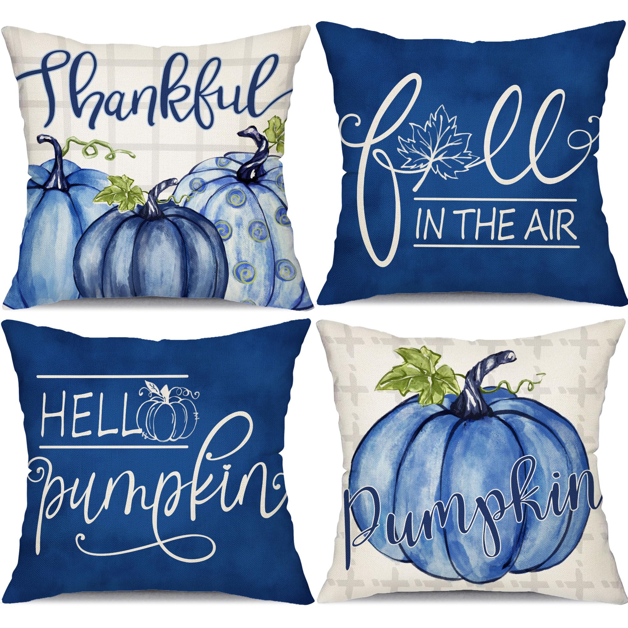 DFXSZ Fall Pillow Covers 20x20 inch Set of 4 Buffalo Plaid Fall Blue Pumpkin Throw Pillow Cover Autumn Thanksgiving Decoration f