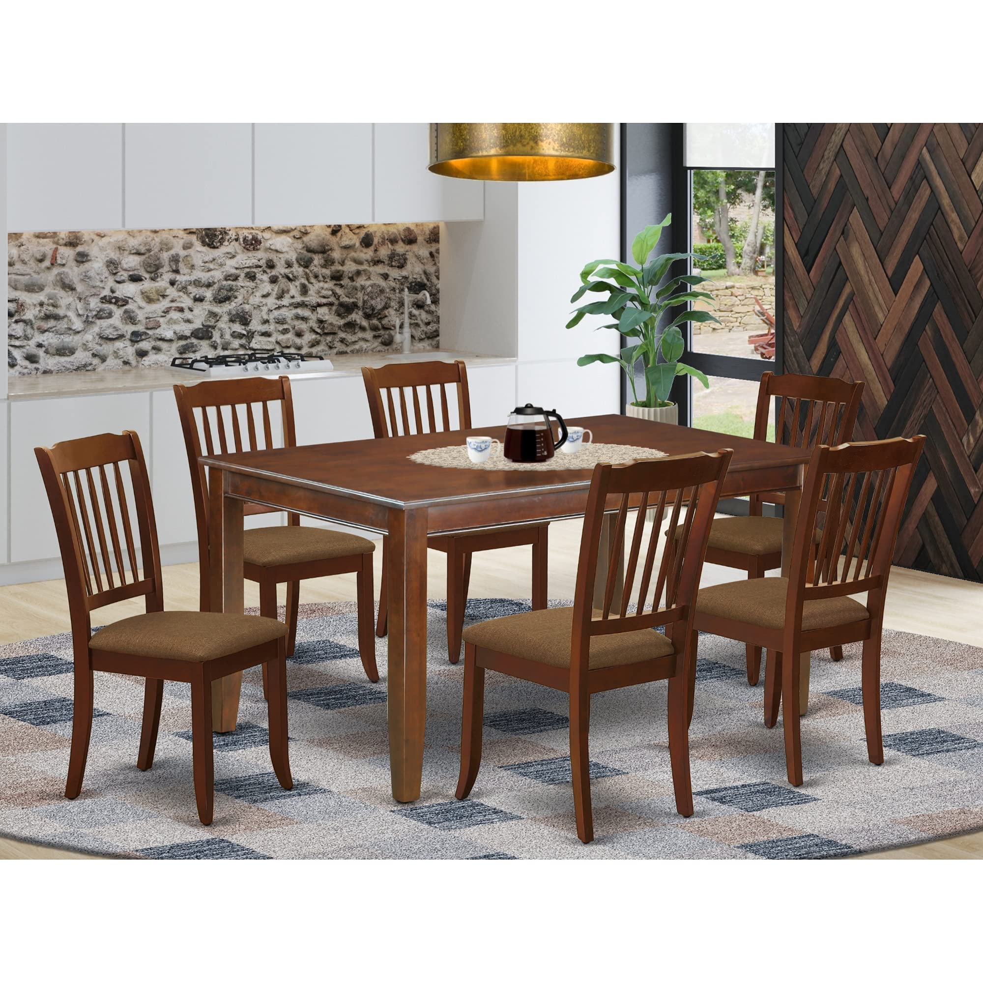 East West Furniture Dudley 7 Piece Set Consist Of A Rectangle Dinner Table And 6 Linen Fabric Kitchen Dining Chairs, 36X60 Inch, Mahogany