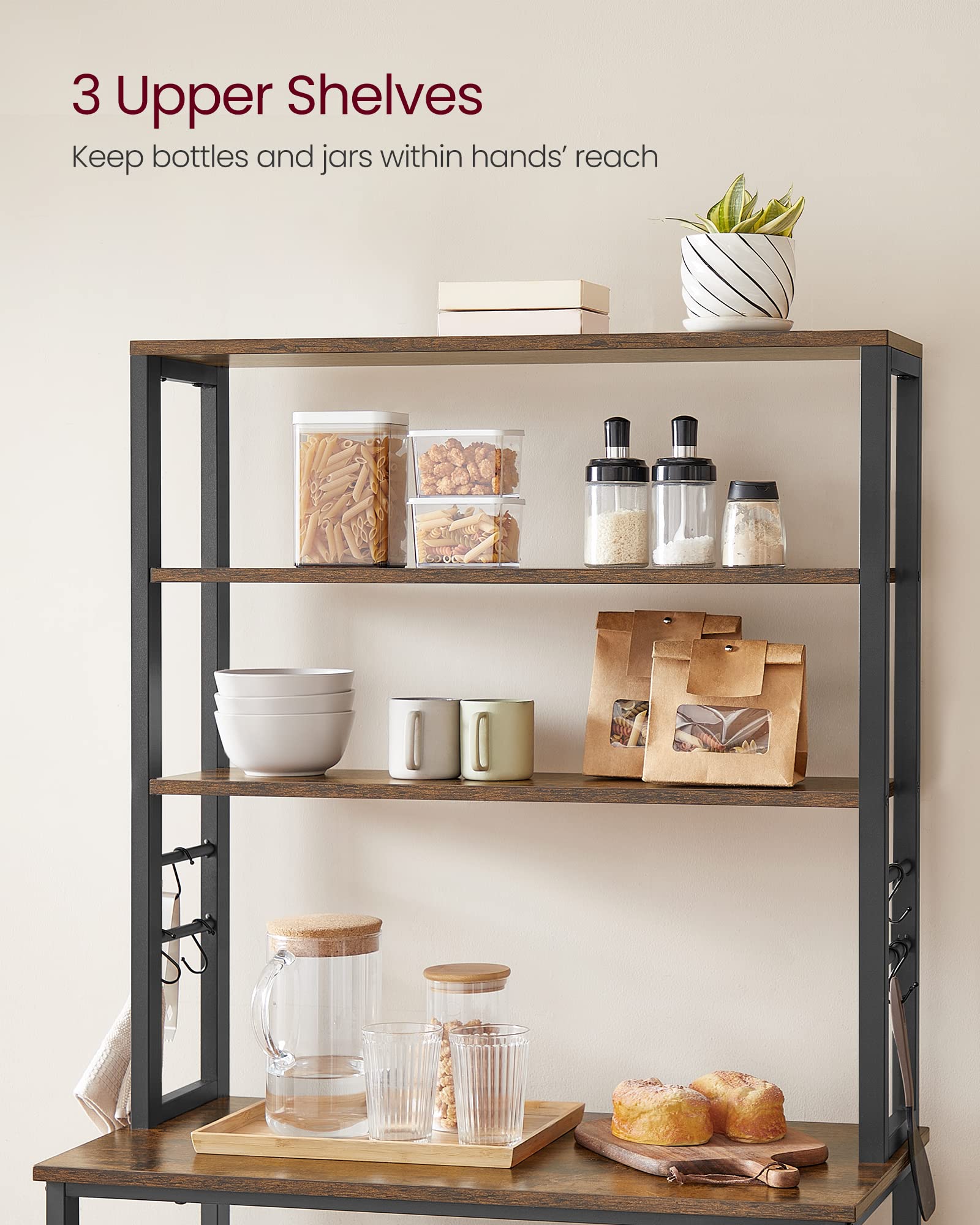 Vasagle Coffee Bar, 31.5 Inches Baker'S Rack For Kitchen With Storage, 6-Tier Kitchen Shelves With 6 Hooks, Microwave Stand, Industrial, Rustic Brown And Black Ukks019B01