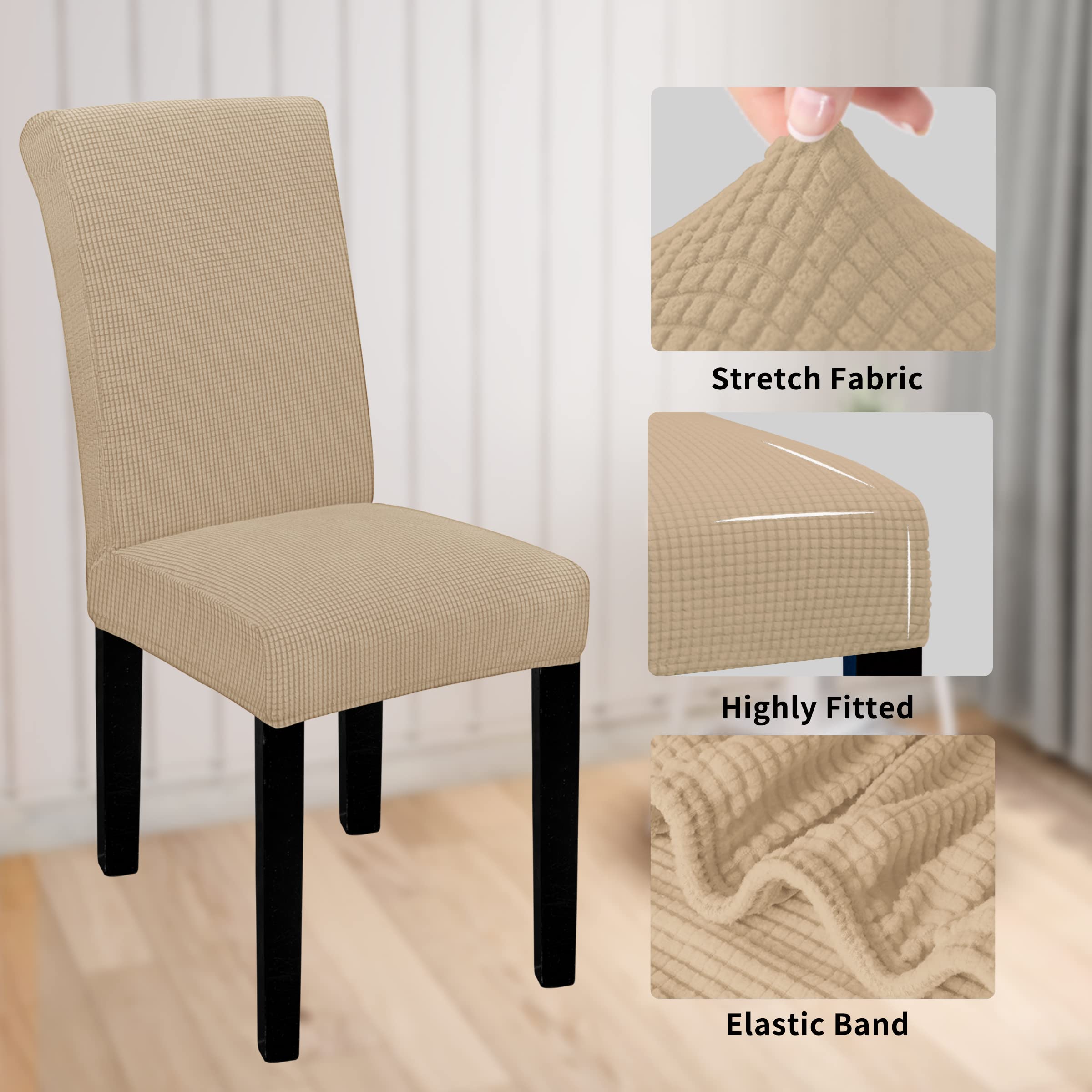 Easy-Going 100% Waterproof Dining Room Chair Cover Set Of 4, Stretch Jacquard Parson Chair Slipcover Removable Washable Chair Protector For Home, Restaurant, Banquet (Xlarge, Sand)