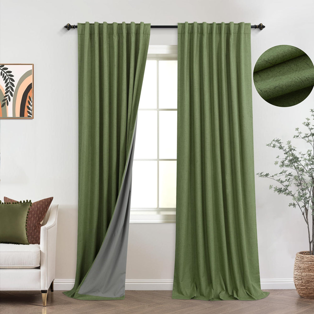 Koufall Office Curtains For Windows,Blackout Linen Vintage Olive Green Boho Curtains For Living Room 96 Inches Long