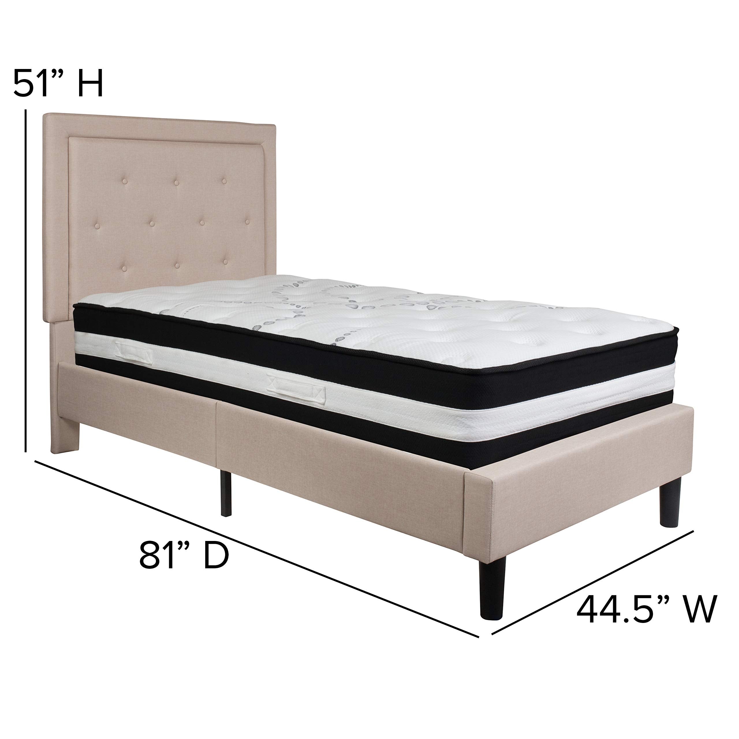 Flash Furniture Roxbury Twin Size Tufted Upholstered Platform Bed In Beige Fabric With Pocket Spring Mattress