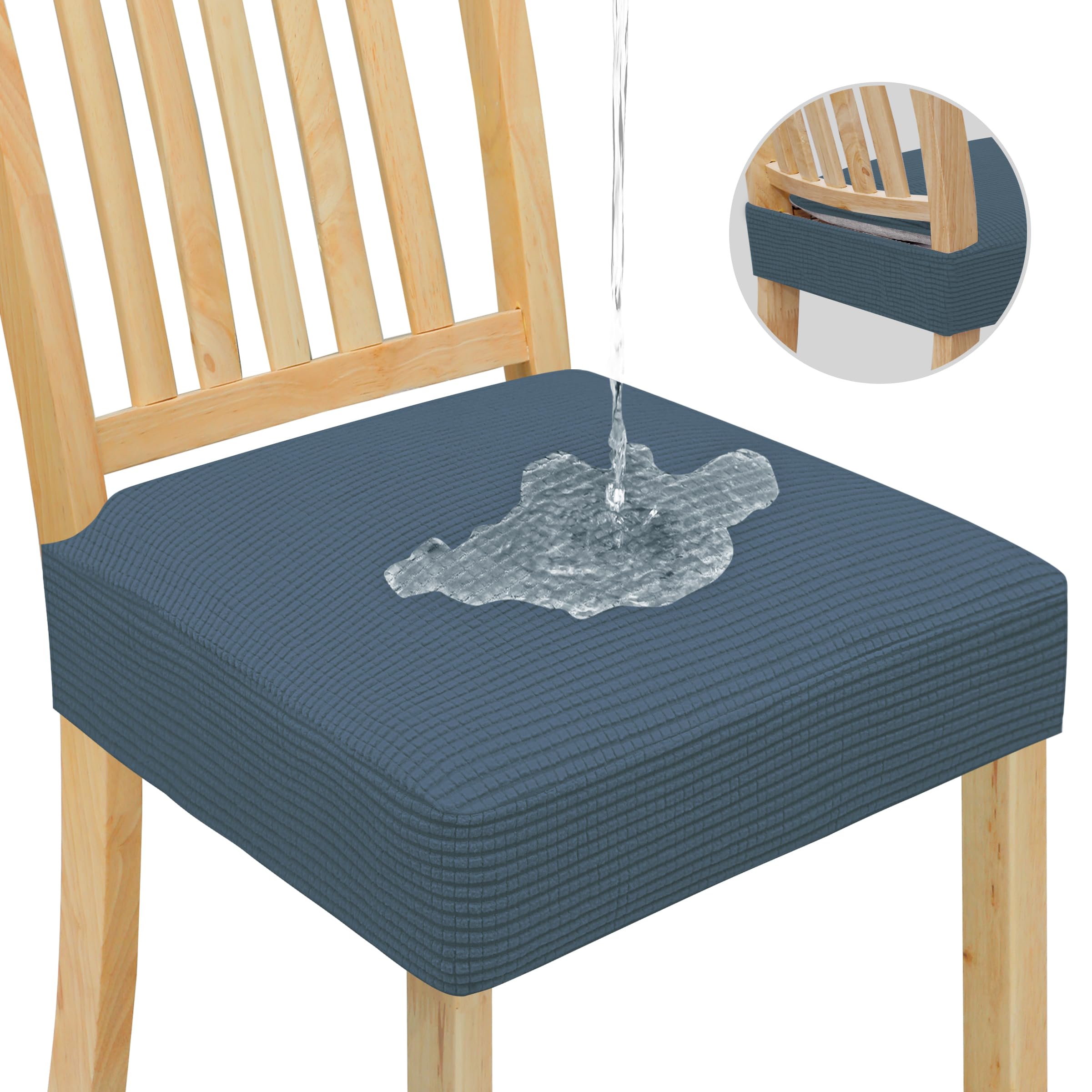 Easy-Going 100% Waterproof Seat Covers For Dining Room Chairs, Stretch Jacquard Chair Seat Slipcovers Removable And Washable Kitchen Dining Chair Covers (Set Of 8, Bluestone)