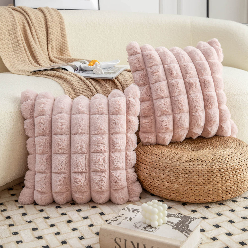 Neelvin Pink Faux Fur Cozy Soft Plaid Decorative Throw Pillow Covers 18X18 Inch Set Of 2,Velvet Pillowcase Cushion Case For Sofa