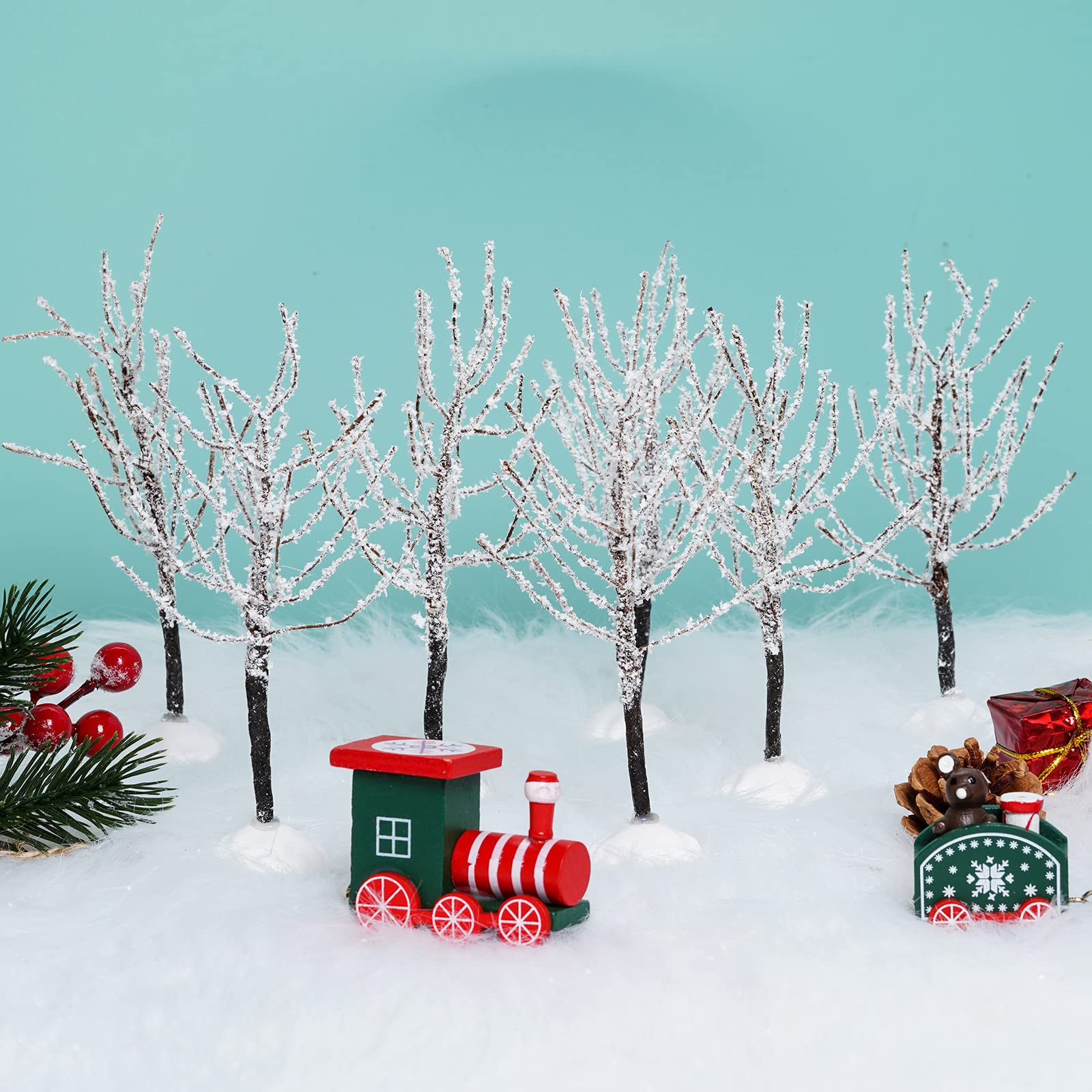 7 Pieces Mini Christmas Decor Trees,Snow Covered Branch Village Trees,Artificial Christmas Village Displays Tree, Winter Snow Mo