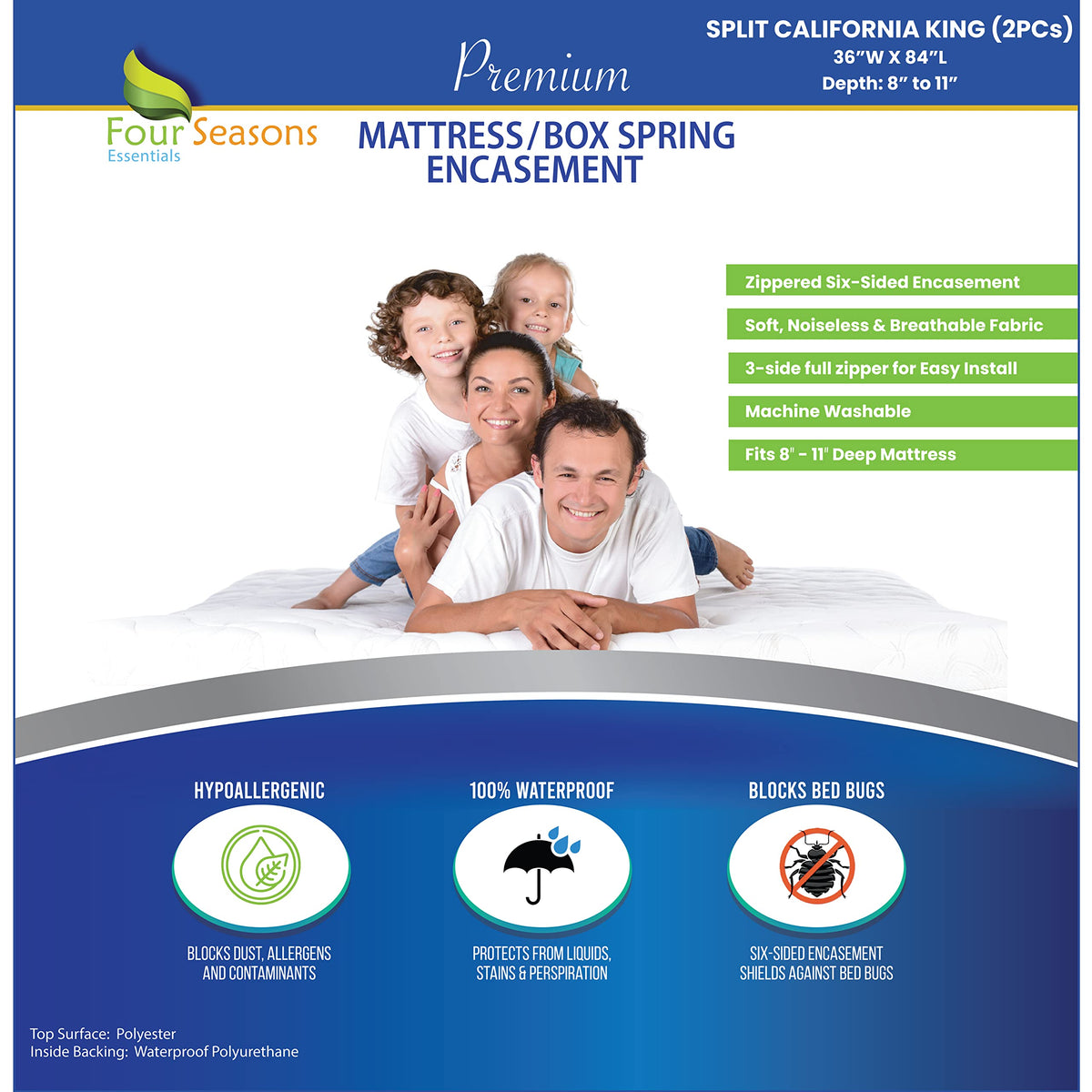 Split California King (2Pc) Mattress Or Box Spring Encasement (8'-11' Depth) Waterproof Zippered Protector Hypoallergenic Prem