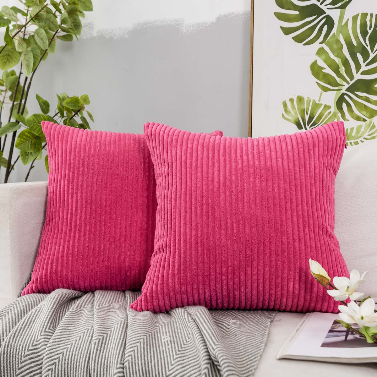 Juspurbet Rose Red Corduroy Throw Pillow Covers 20X20 Inch Set Of 2 For Couch Bed Sofa Living Room Decorative Soft Solid Square