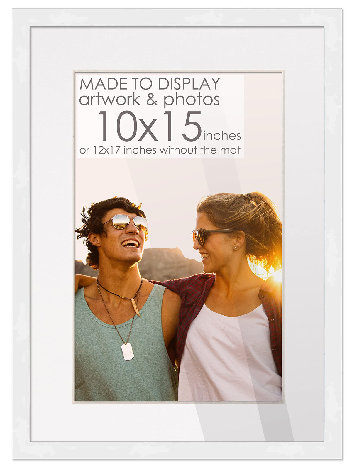 10x15 White Wood Frame with White Mat | 12x17 Frame Matted to 10x15 | Display Your Artwork Under UV Acrylic Shatter Guard Front,