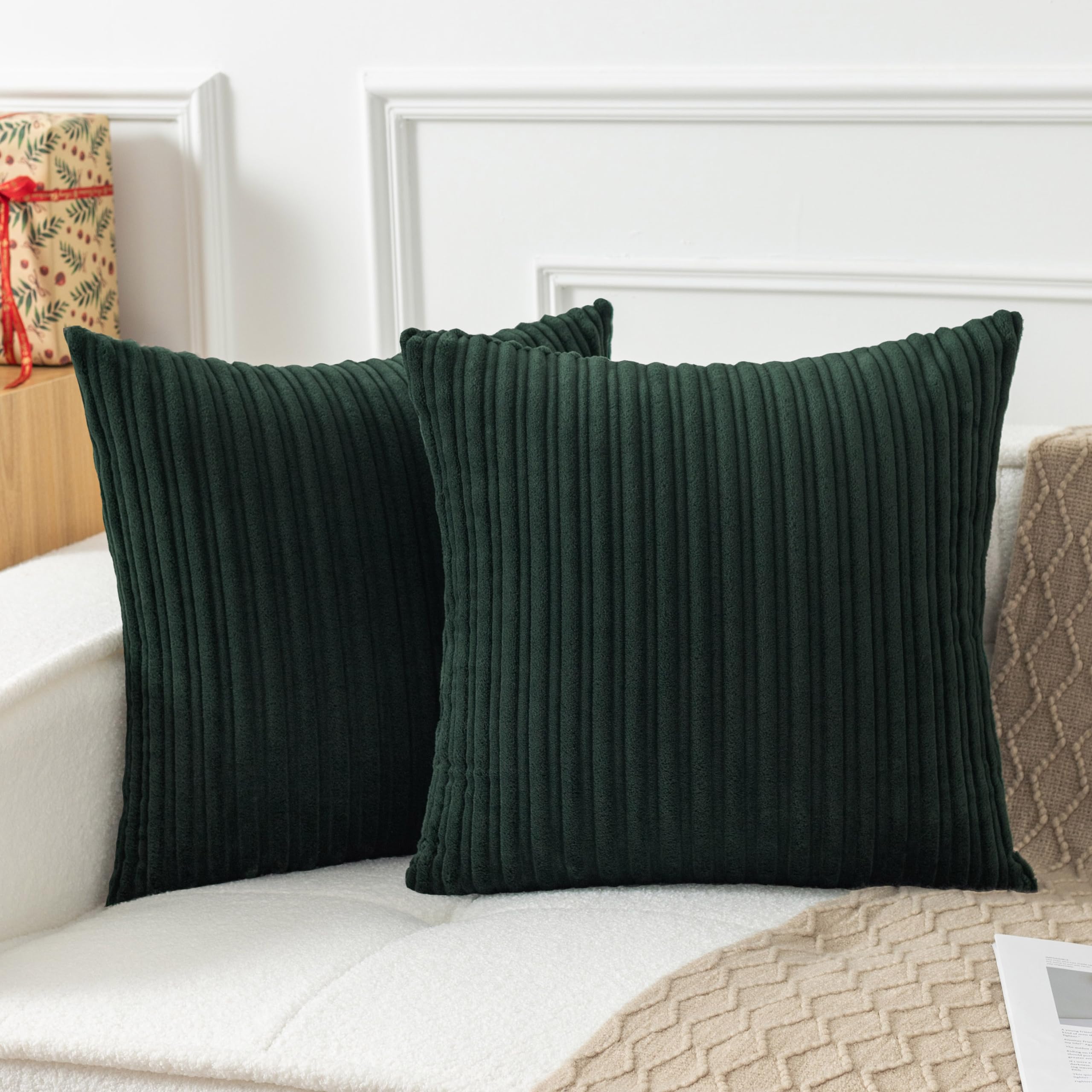 Ugasa Velvet 26X26 Inch Soft Throw Pillow Covers Decorative Striped Corduroy Both Sides Solid Square Cushion Cases Boho Farmhous